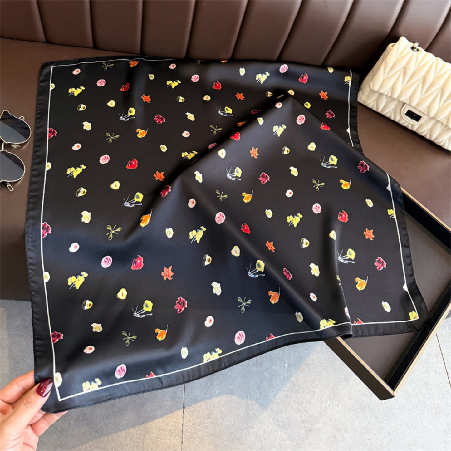Floral Print Square Satin Scarf Lightweight Soft Hair Neck Accessory