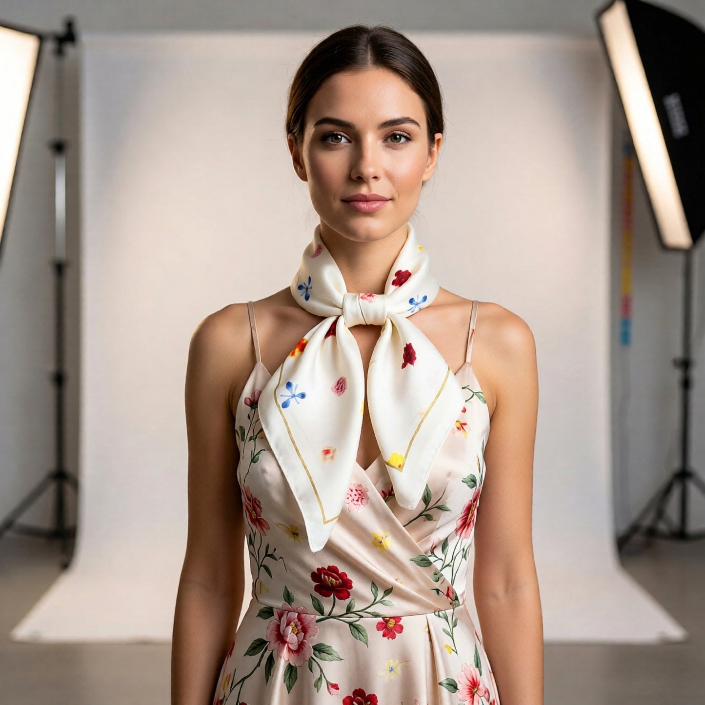 Floral Print Square Satin Scarf Lightweight Soft Hair Neck Accessory