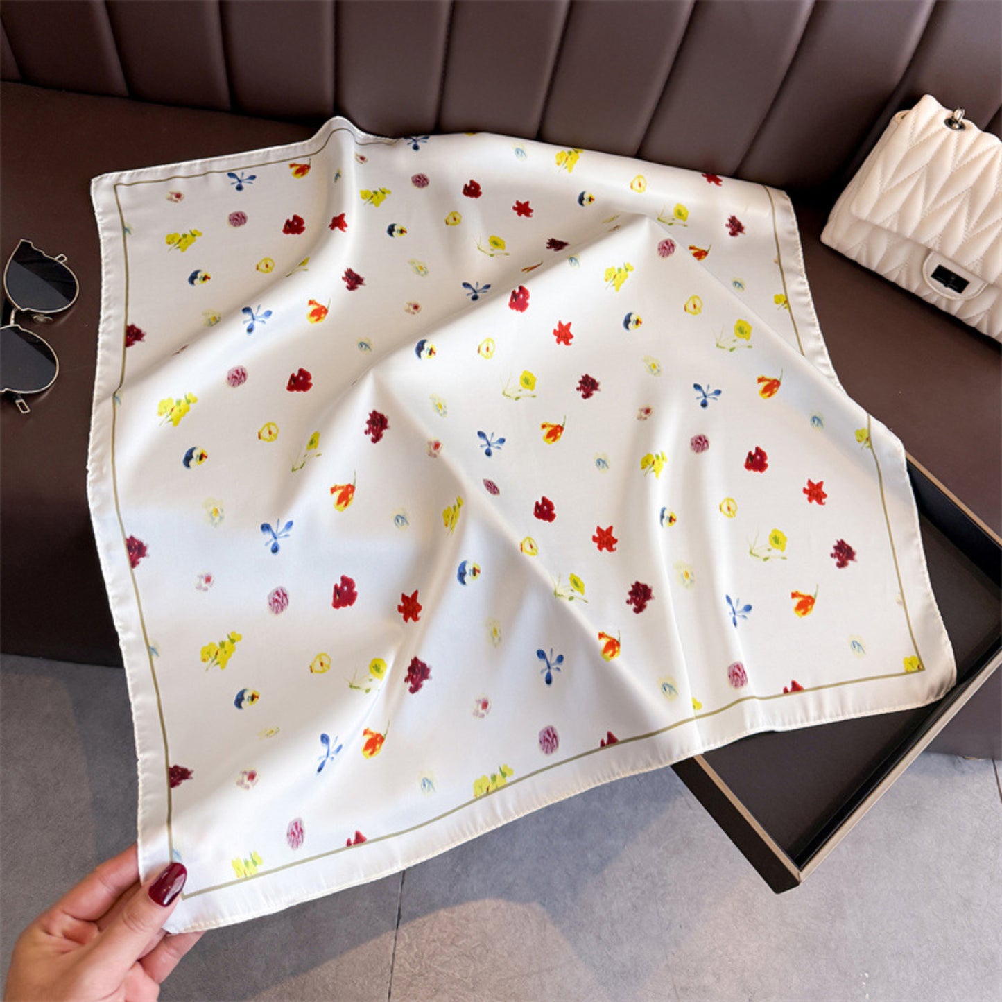 Floral Print Square Satin Scarf Lightweight Soft Hair Neck Accessory