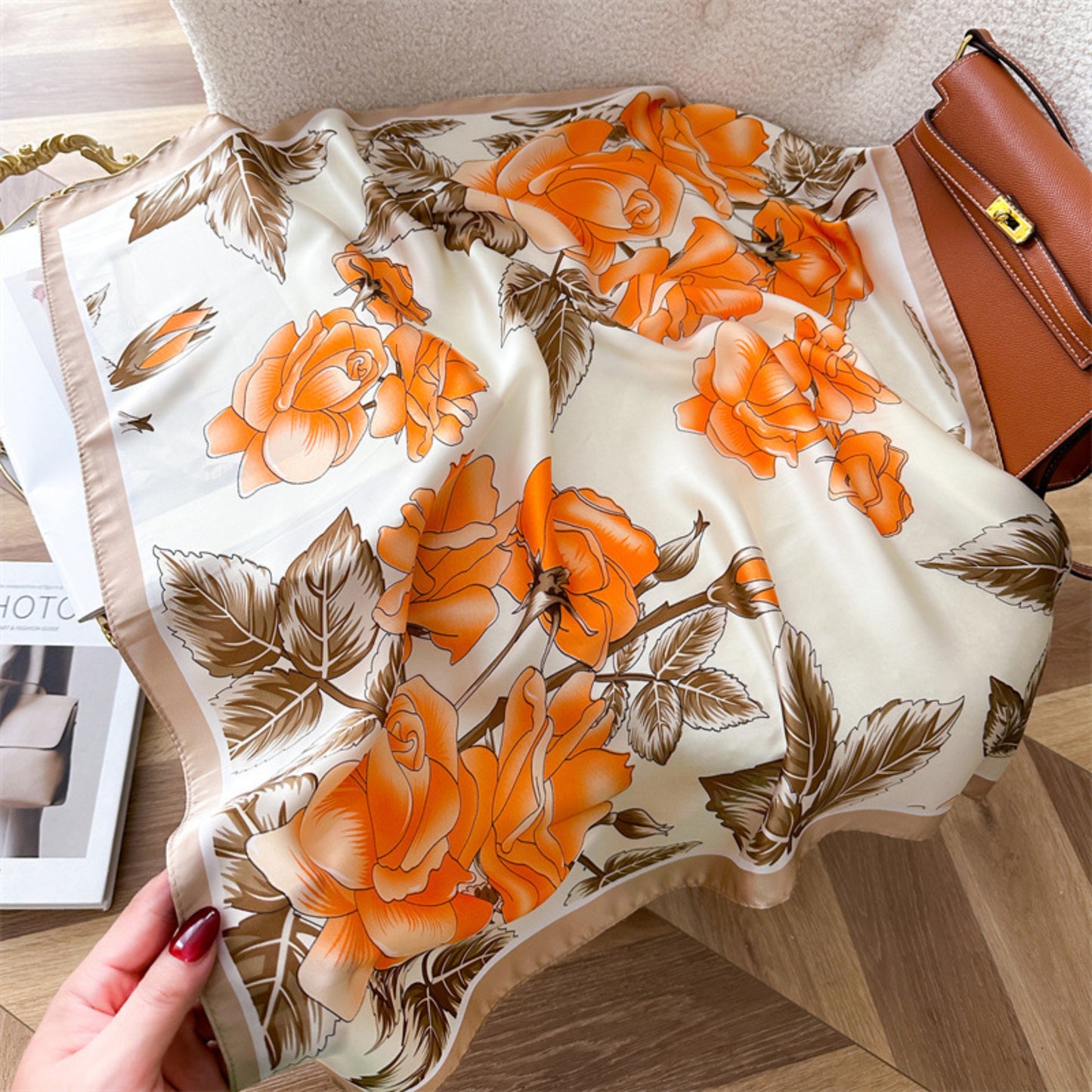 Floral Satin Square Scarf Lightweight Soft Hair Neck Wrap Accessory