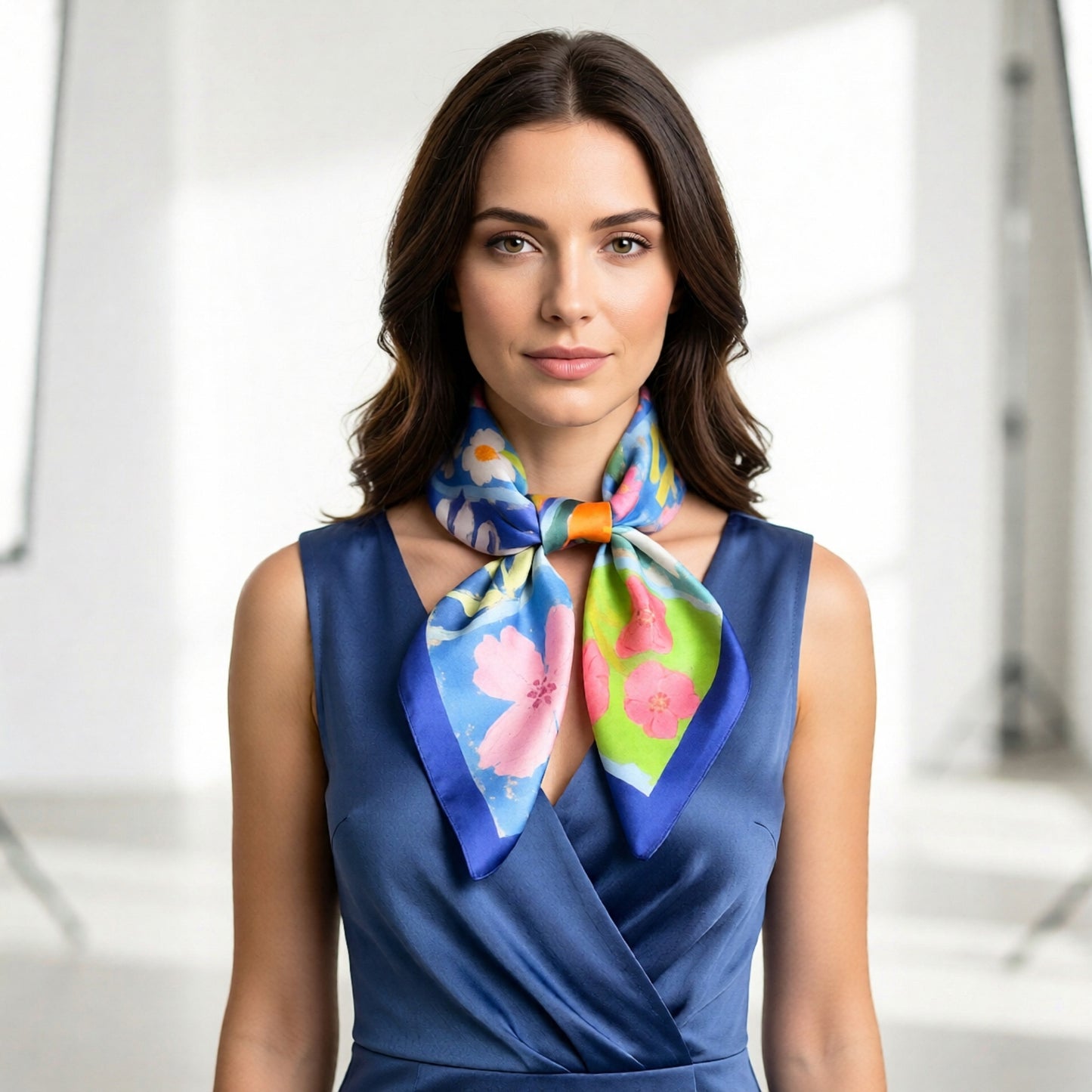 Floral Patchwork Satin Square Scarf Lightweight Soft Hair Neck Wrap Accessory