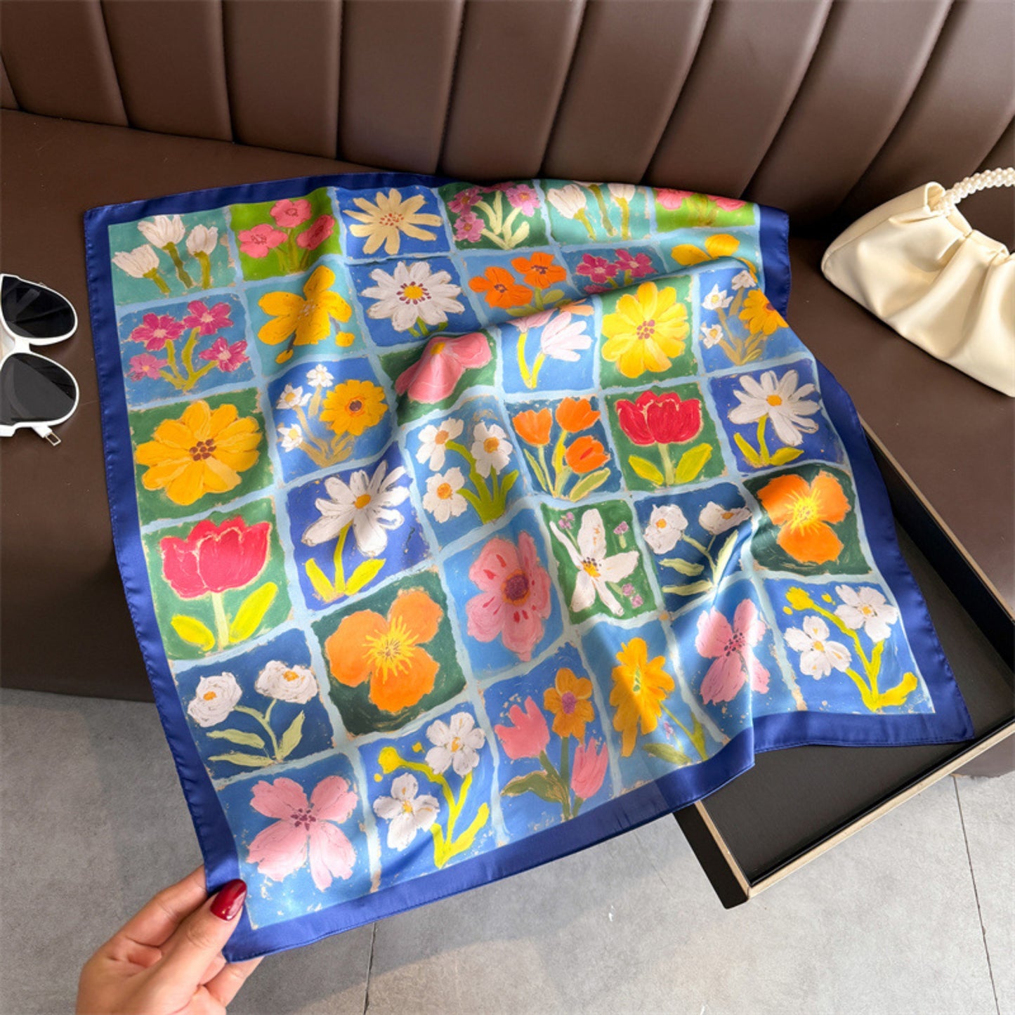 Floral Patchwork Satin Square Scarf Lightweight Soft Hair Neck Wrap Accessory