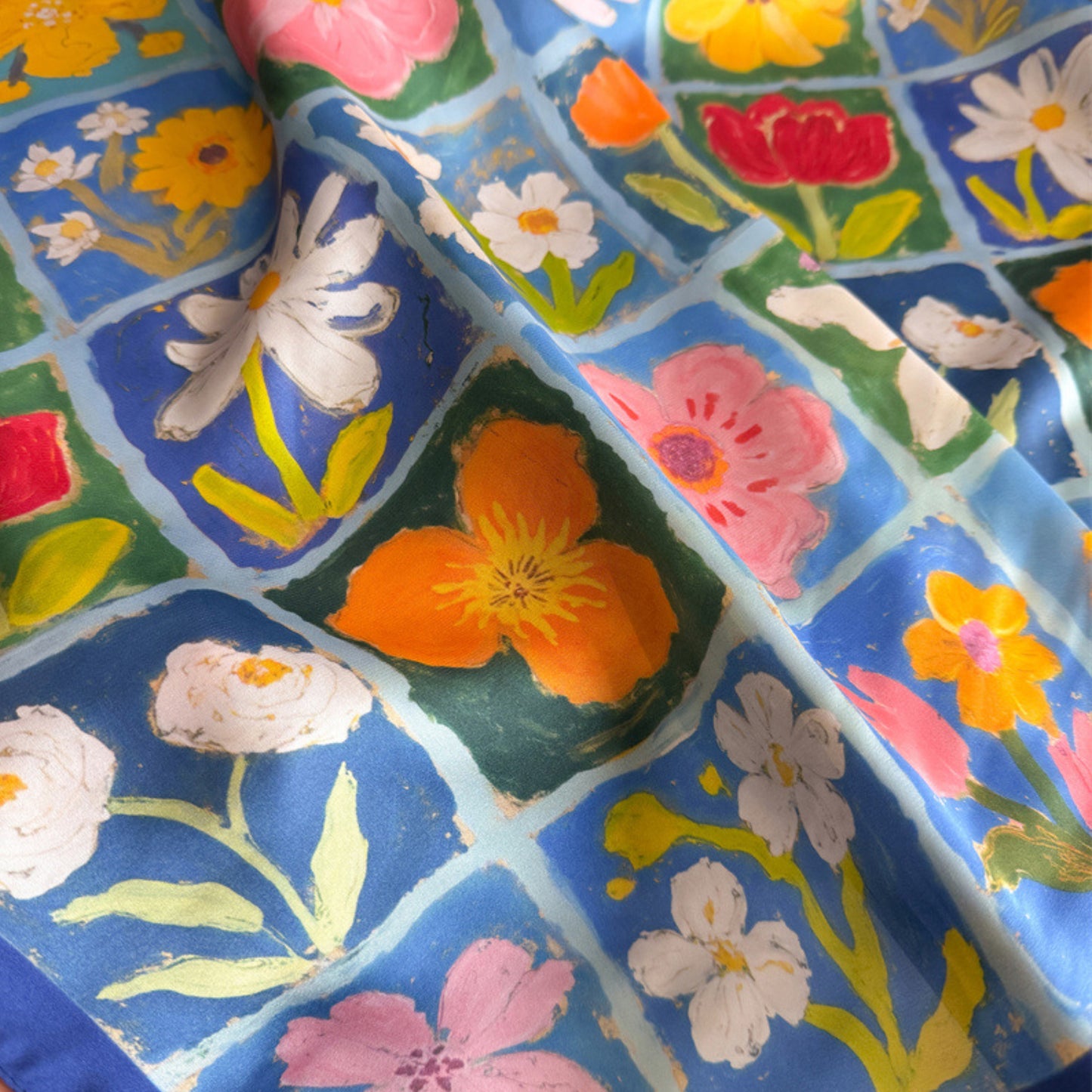 Floral Patchwork Satin Square Scarf Lightweight Soft Hair Neck Wrap Accessory