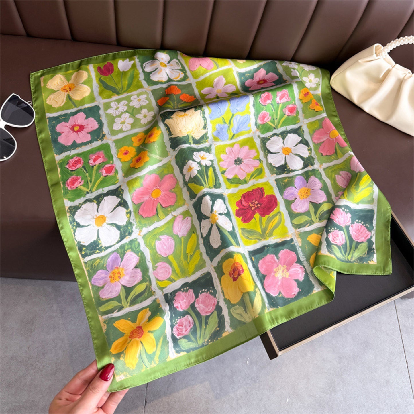 Floral Patchwork Satin Square Scarf Lightweight Soft Hair Neck Wrap Accessory