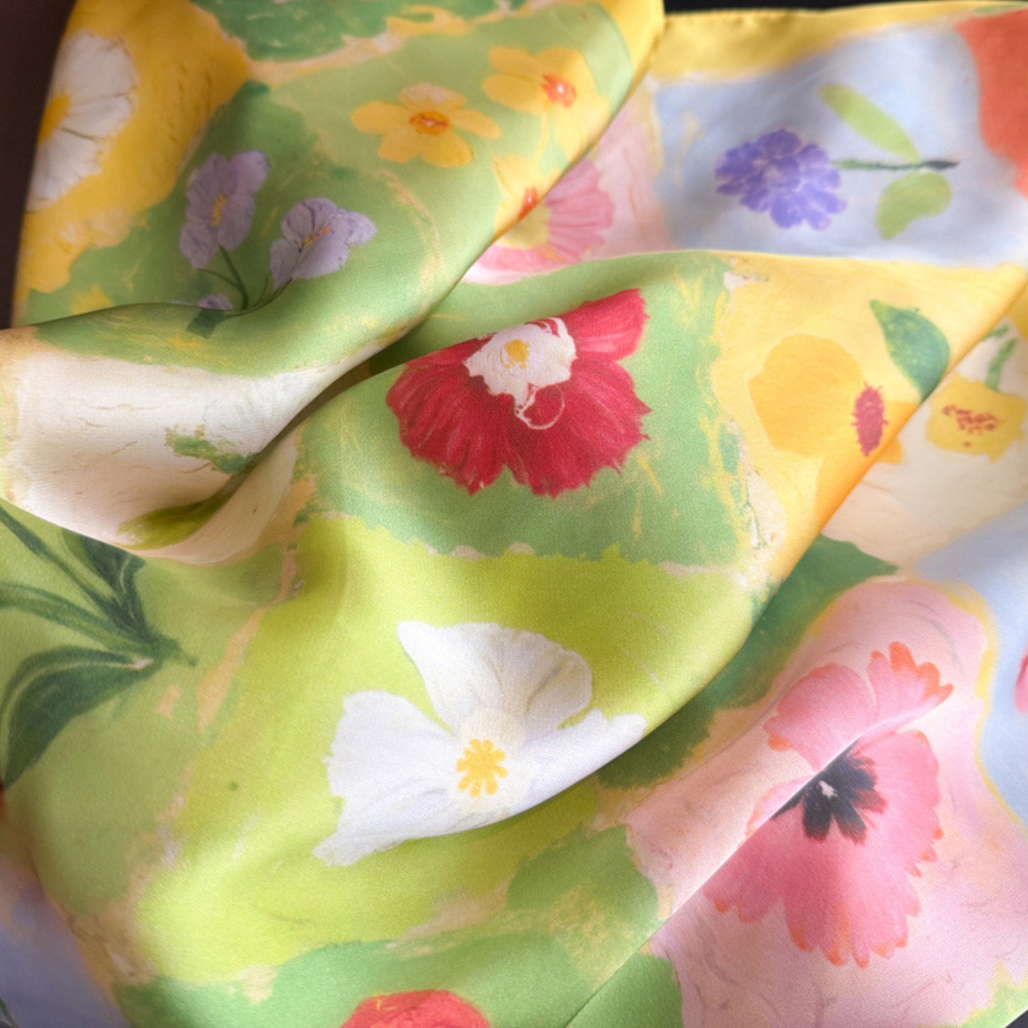Floral Patchwork Satin Square Scarf Lightweight Soft Hair Neck Wrap Accessory