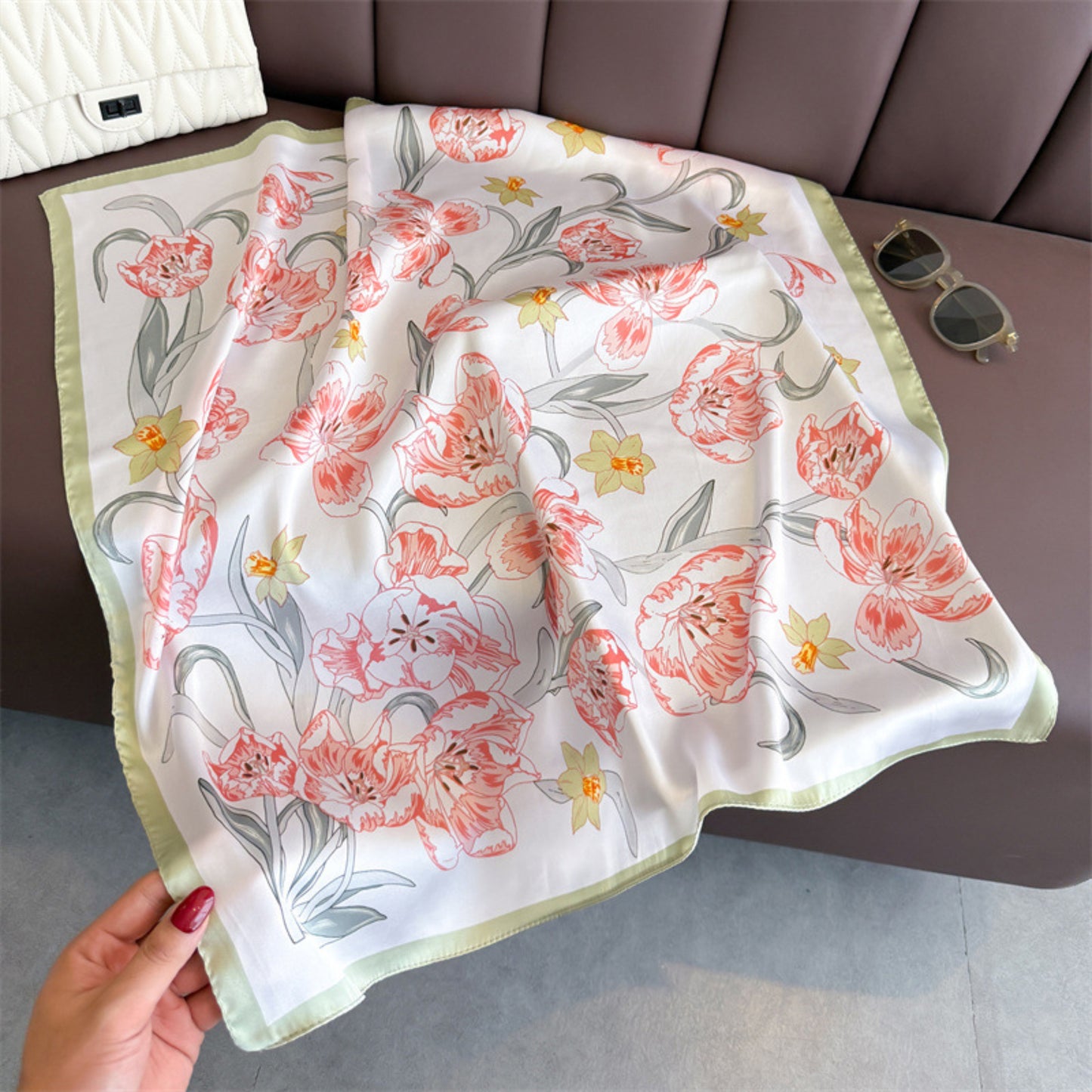 Floral Print Satin Square Scarf Soft Lightweight Hair Neck Wrap Fashion Accessory