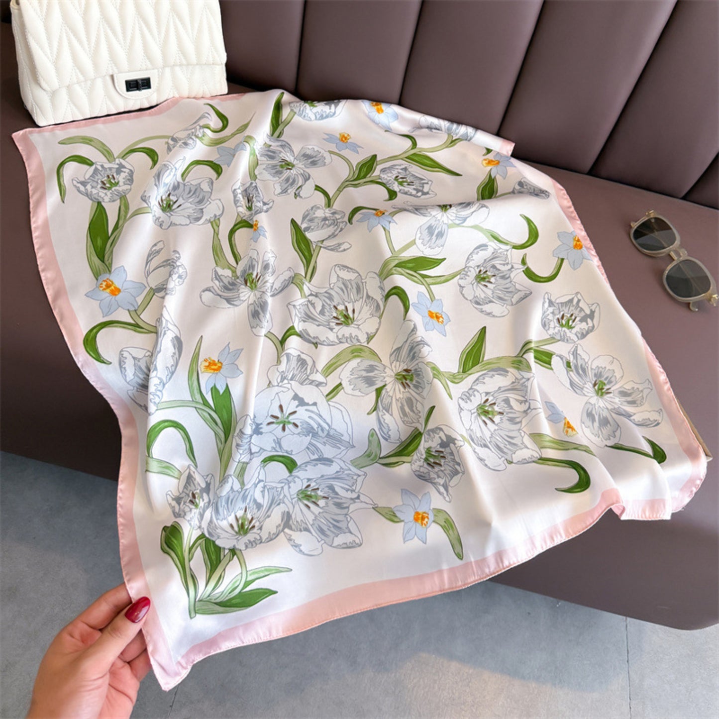 Floral Print Satin Square Scarf Soft Lightweight Hair Neck Wrap Fashion Accessory
