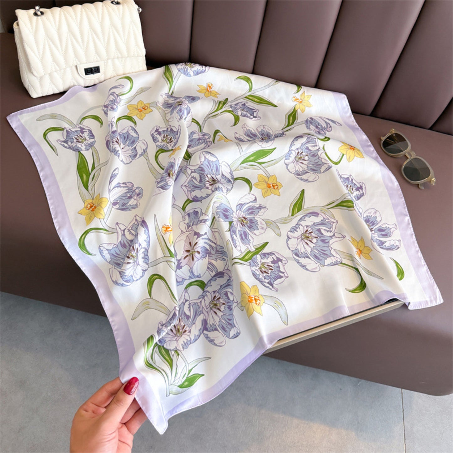 Floral Print Satin Square Scarf Soft Lightweight Hair Neck Wrap Fashion Accessory