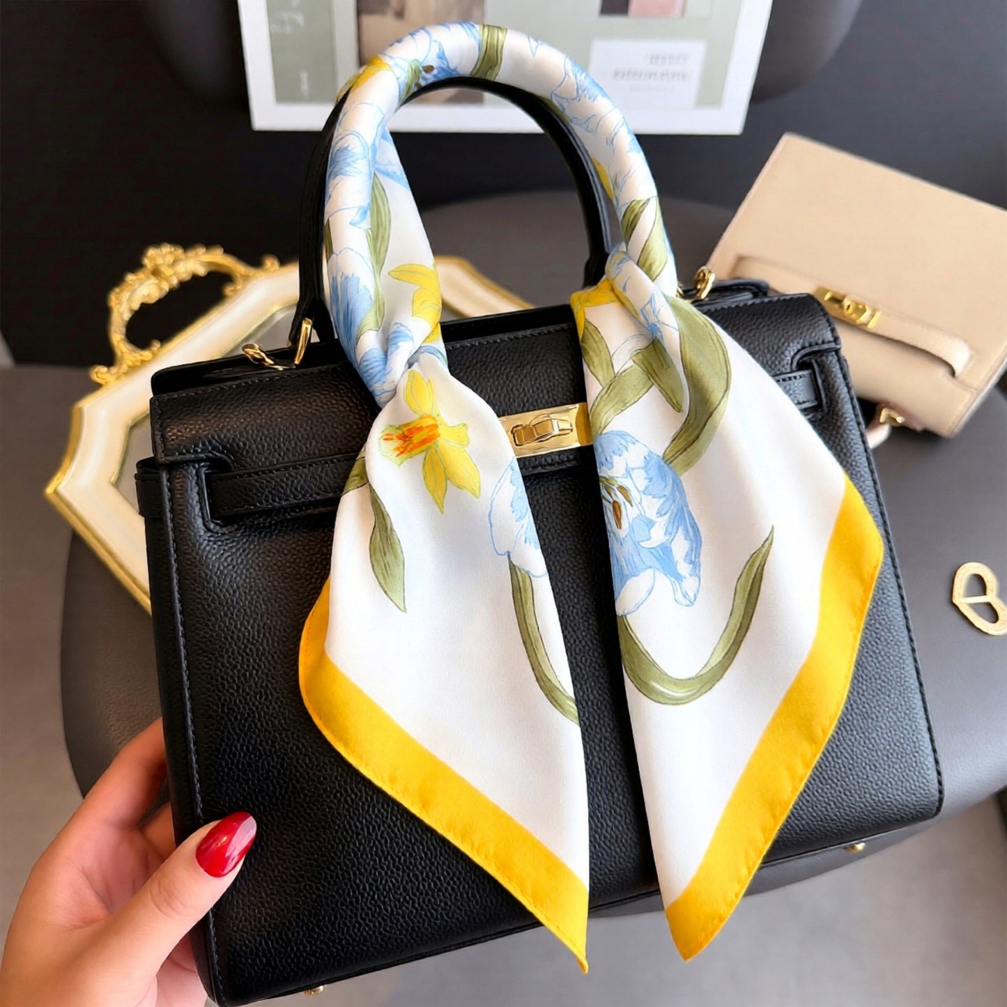 Floral Print Satin Square Scarf Soft Lightweight Hair Neck Wrap Fashion Accessory