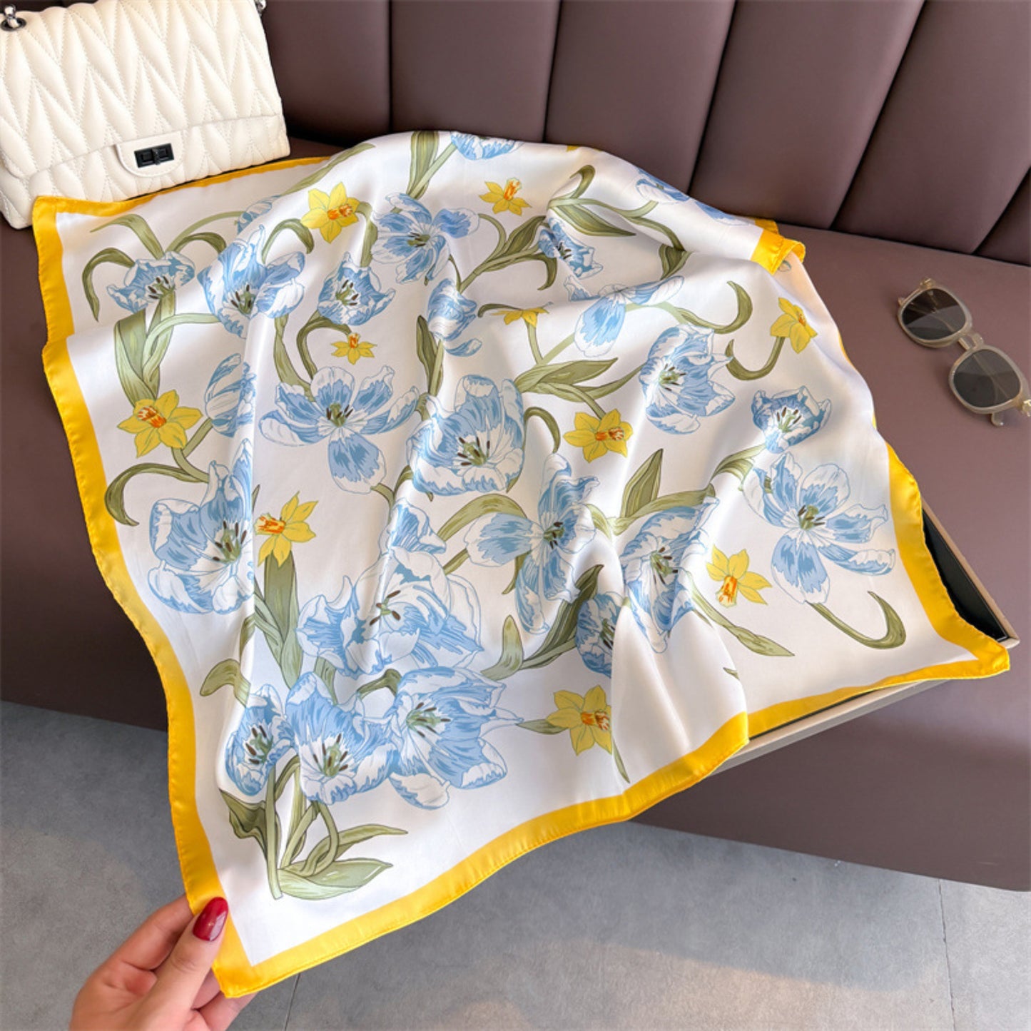 Floral Print Satin Square Scarf Soft Lightweight Hair Neck Wrap Fashion Accessory