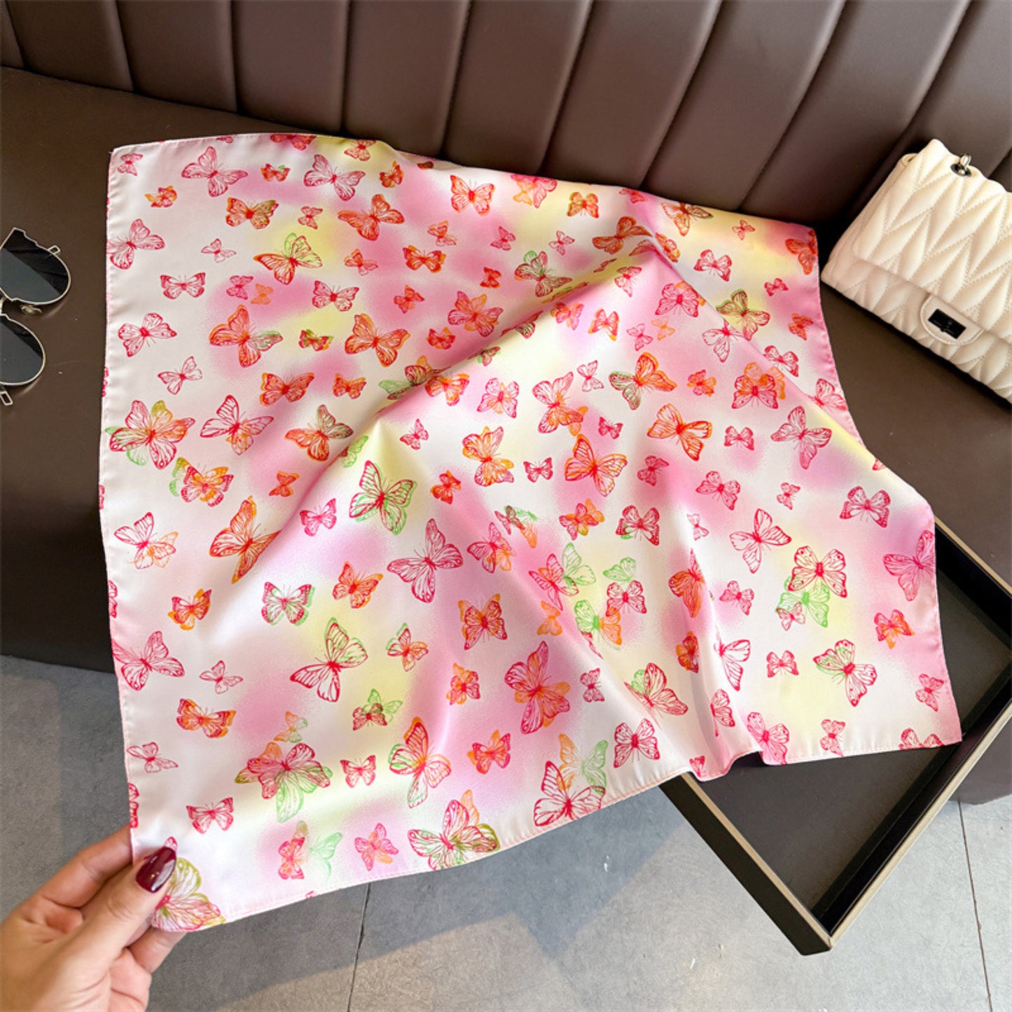 Butterfly Print Satin Square Scarf Lightweight Soft Hair Neck Wrap Fashion Accessory