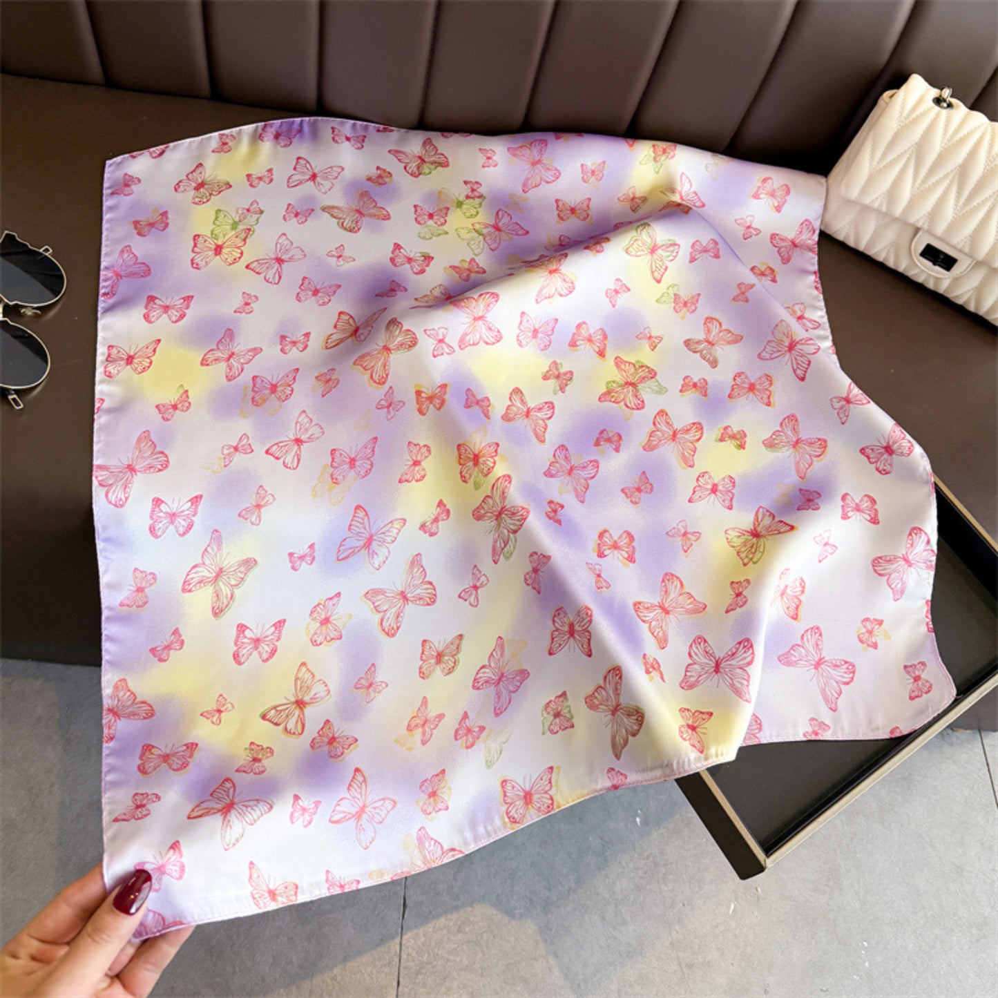 Butterfly Print Satin Square Scarf Lightweight Soft Hair Neck Wrap Fashion Accessory
