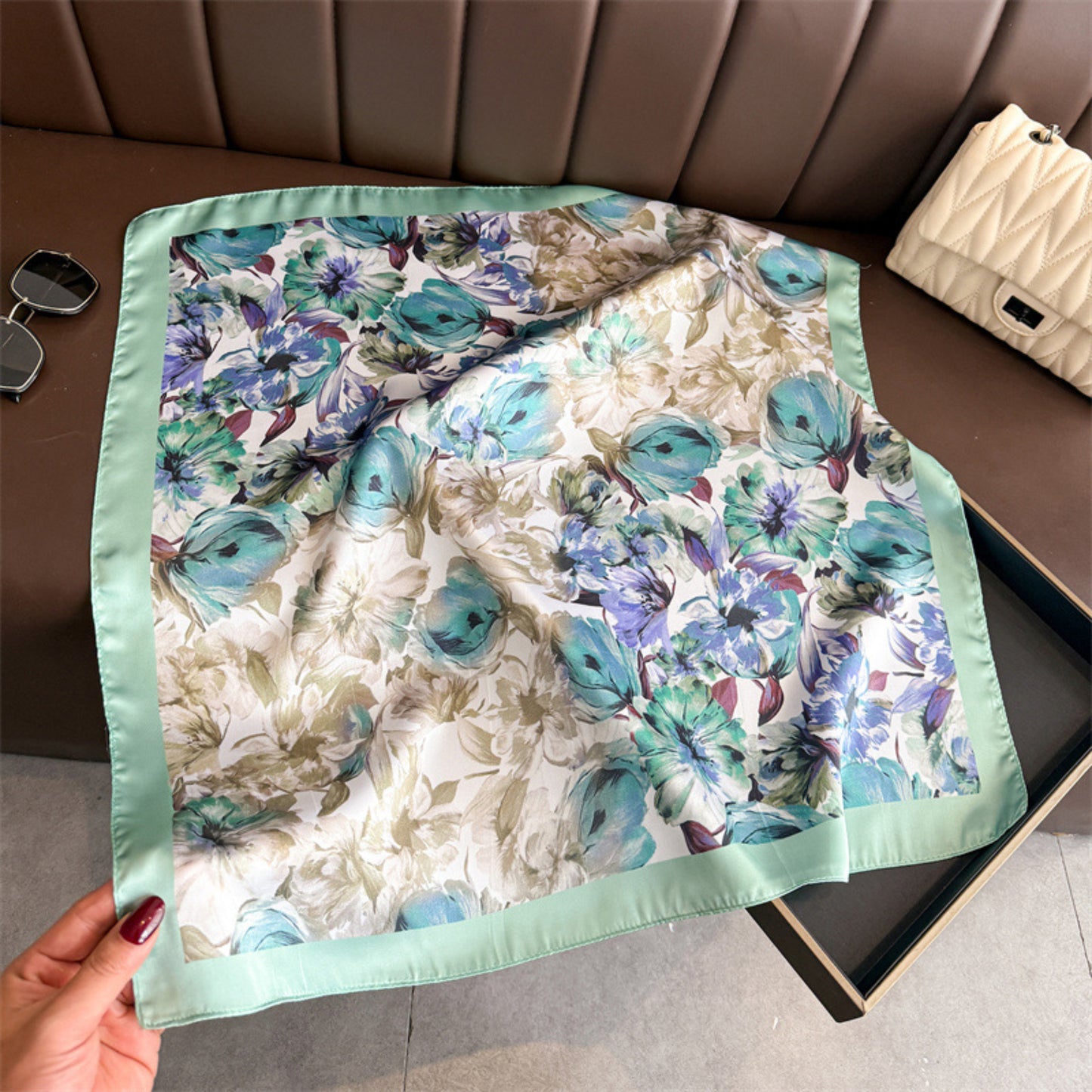 Floral Print Satin Square Scarf Soft Lightweight Hair Neck Wrap Elegant Fashion Accessory