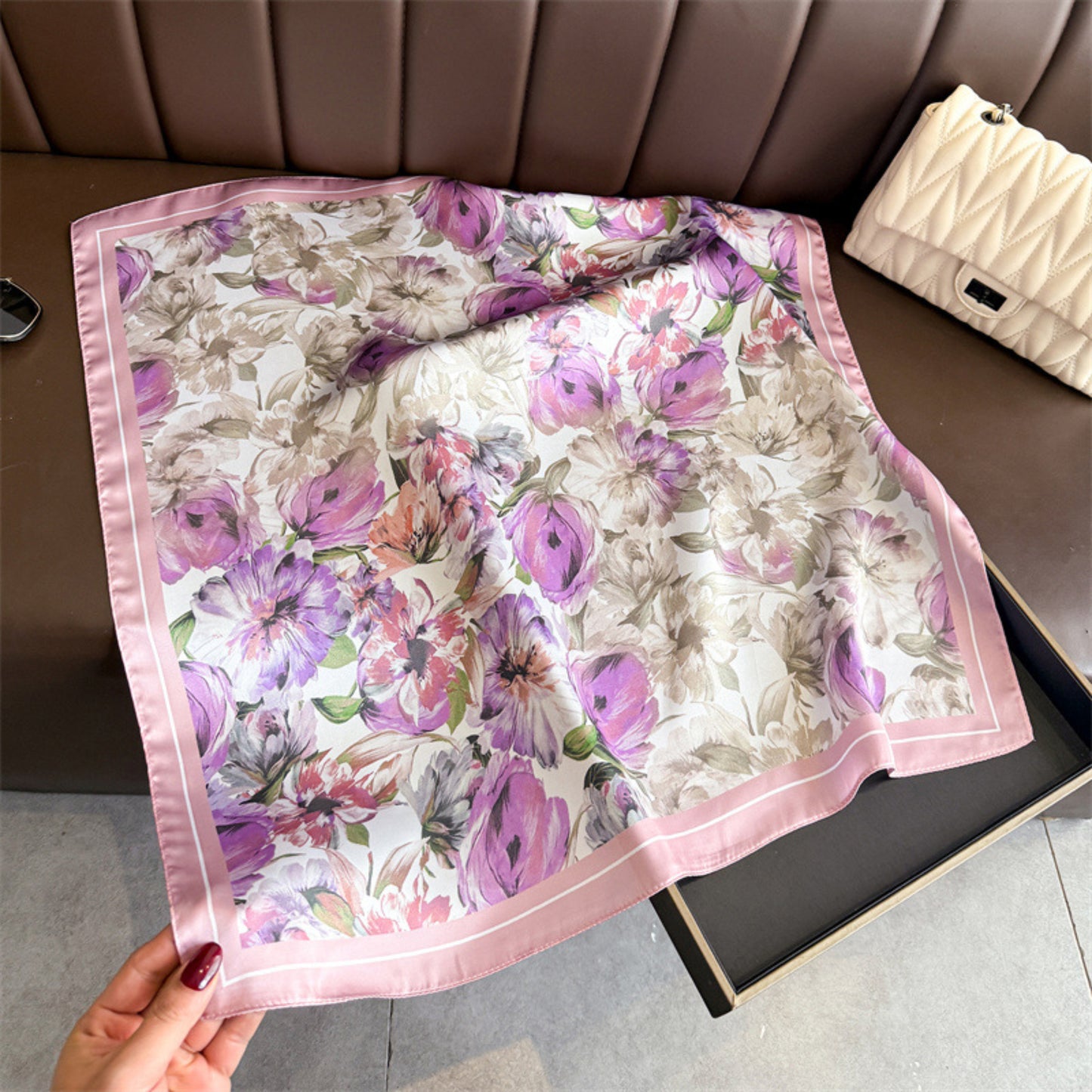 Floral Print Satin Square Scarf Soft Lightweight Hair Neck Wrap Elegant Fashion Accessory