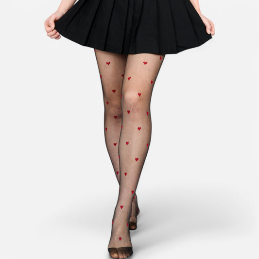 Sheer Heart Pattern Tights with Delicate Allover Embroidery