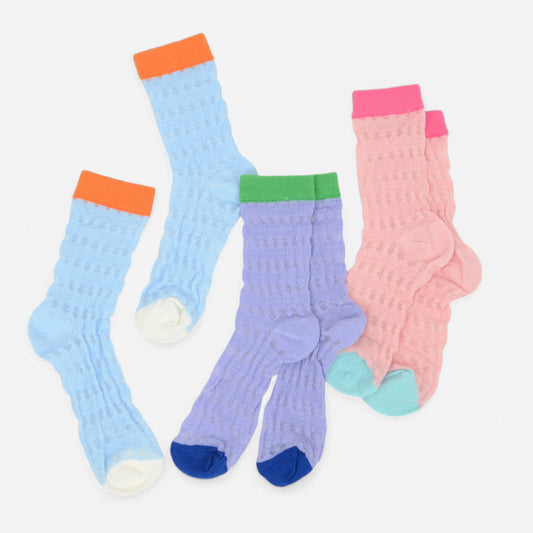 Women's Textured Knit Crew Socks with Color Block Cuffs and Toe Accents