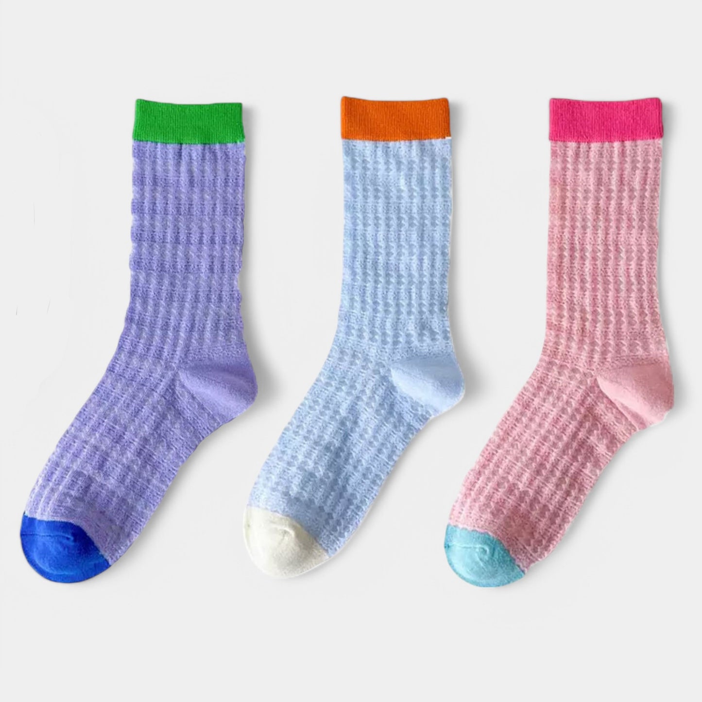Women's Textured Knit Crew Socks with Color Block Cuffs and Toe Accents