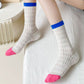 Women's Textured Knit Crew Socks with Color Block Cuffs and Toe Accents