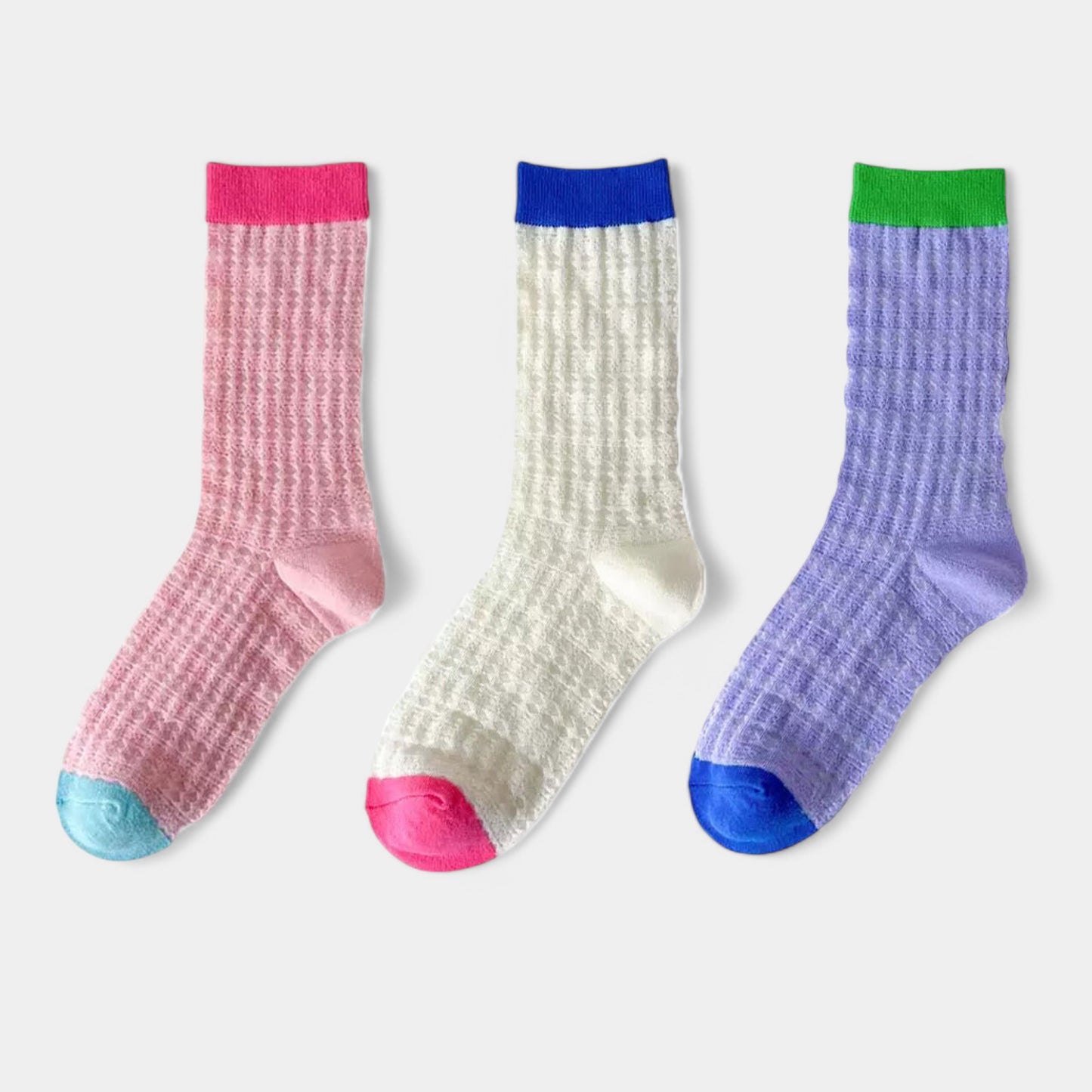 Women's Textured Knit Crew Socks with Color Block Cuffs and Toe Accents