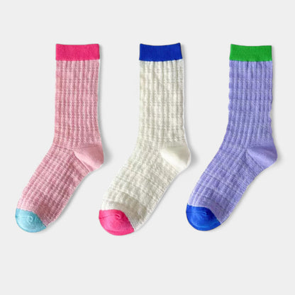 Women's Textured Knit Crew Socks with Color Block Cuffs and Toe Accents