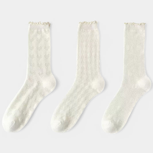 Women's Delicate Lace Knit Crew Socks with Subtle Textured Patterns