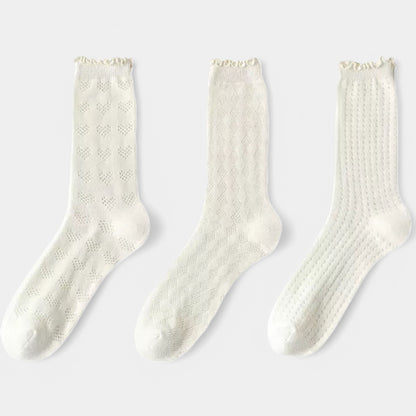 Women's Delicate Lace Knit Crew Socks with Subtle Textured Patterns
