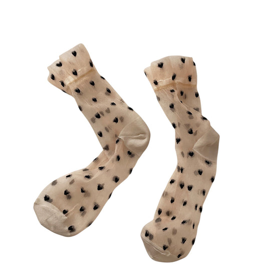 Sheer Crew Socks with Flocked Heart Pattern and Reinforced Toe and Heel 2-Pack