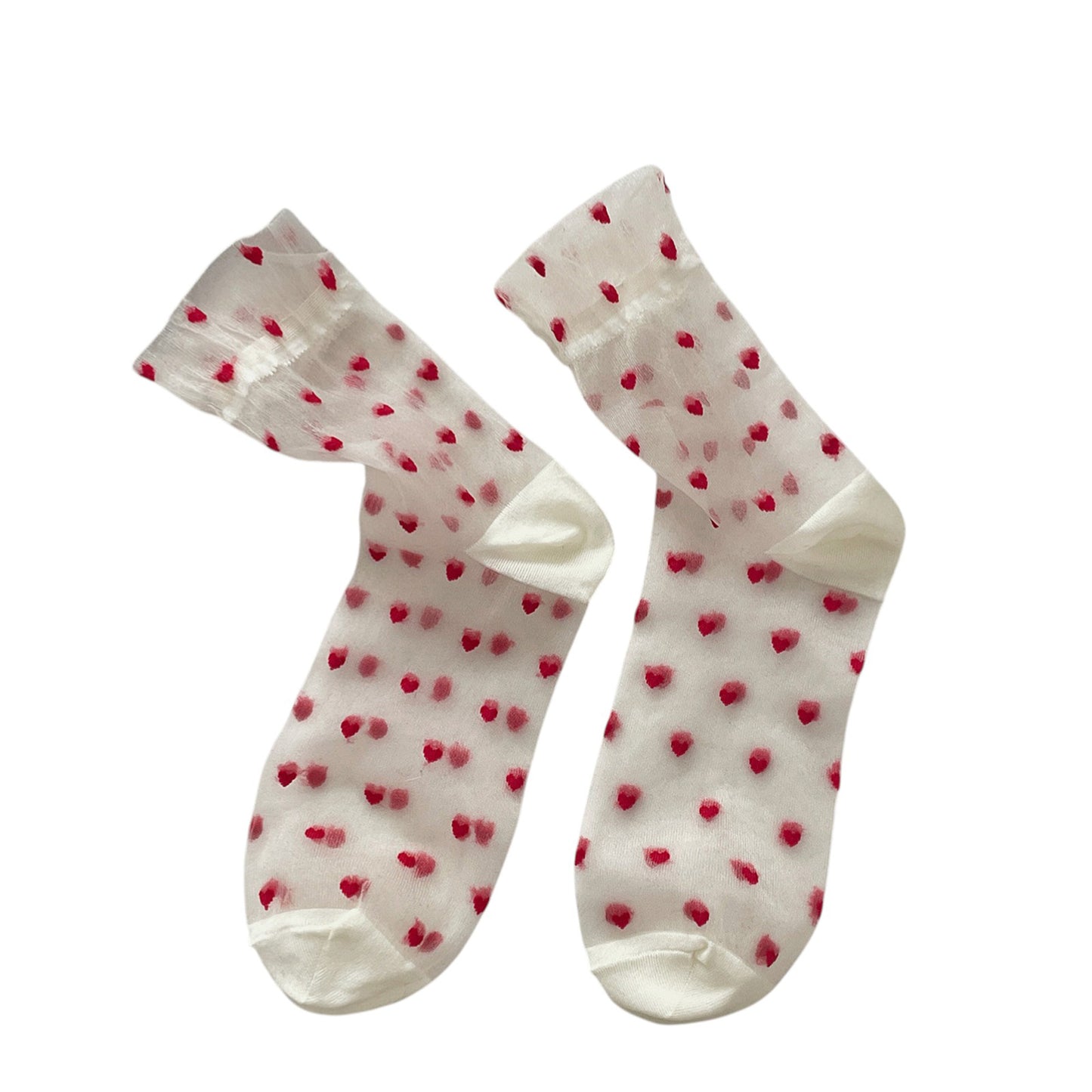 Sheer Crew Socks with Flocked Heart Pattern and Reinforced Toe and Heel 2-Pack