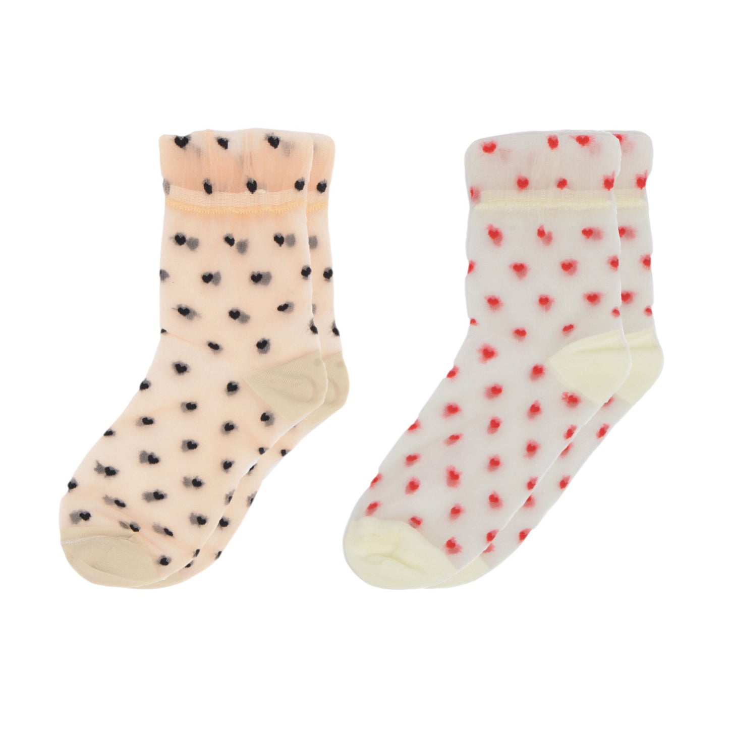 Sheer Crew Socks with Flocked Heart Pattern and Reinforced Toe and Heel 2-Pack