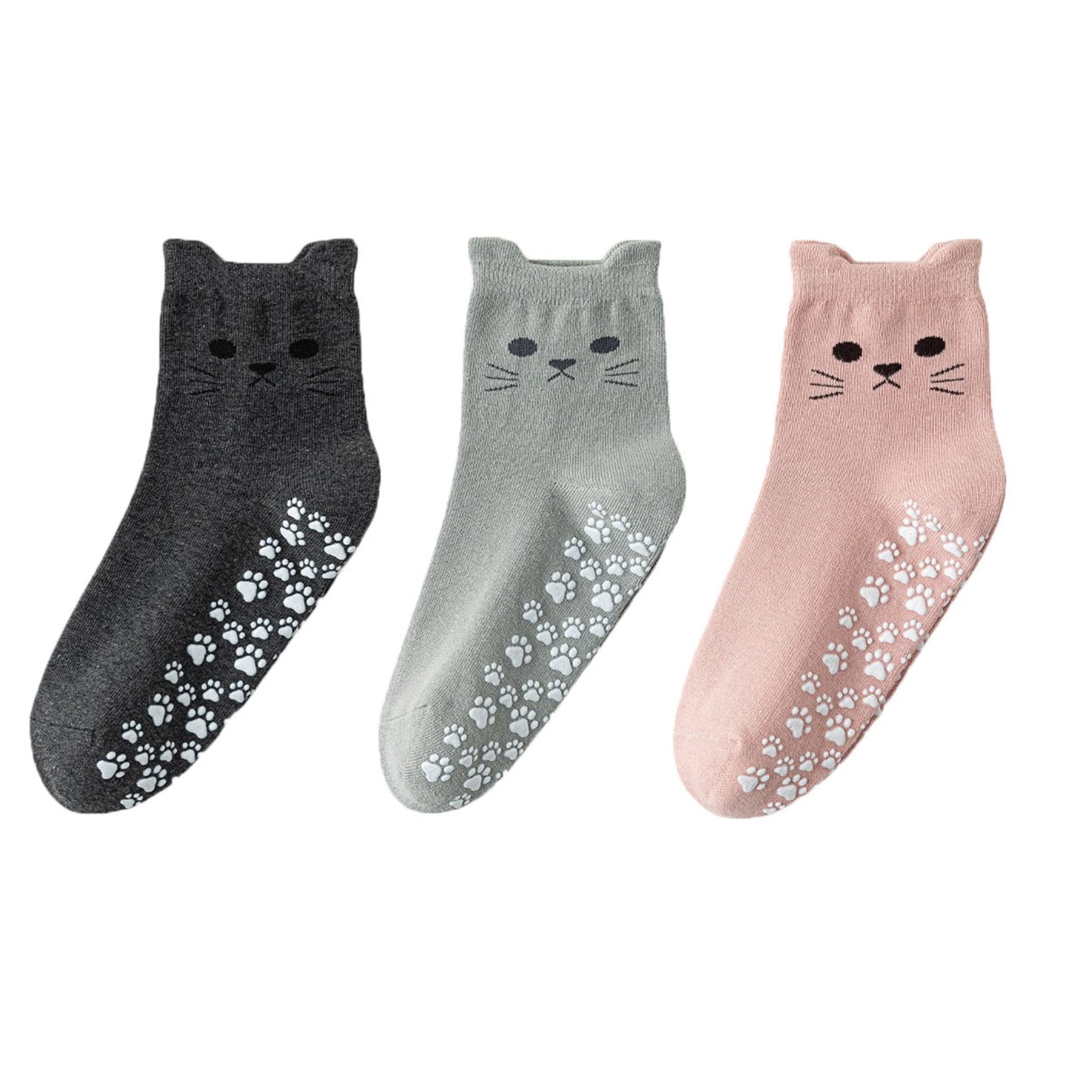 Cat Face Grip Socks with Paw Print Anti-Slip Sole Soft Knit Ankle Socks for Home or Yoga 3-Pack