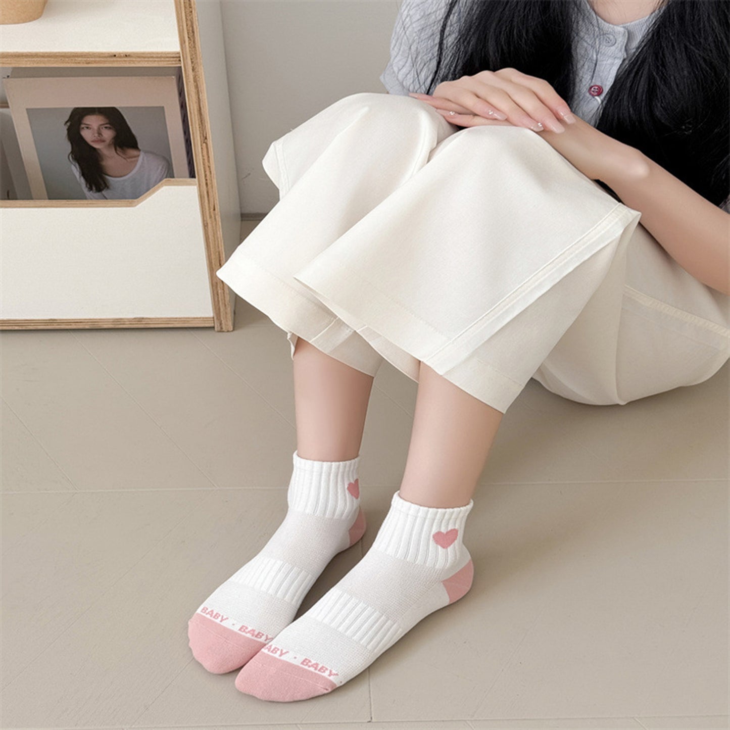Women's Ribbed Ankle Socks with Contrast Toe and Heart Detail for Everyday Casual Wear