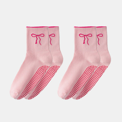 2-Pack Non-Slip Grip Socks with Bow Embroidery and Anti-Skid Dot Soles