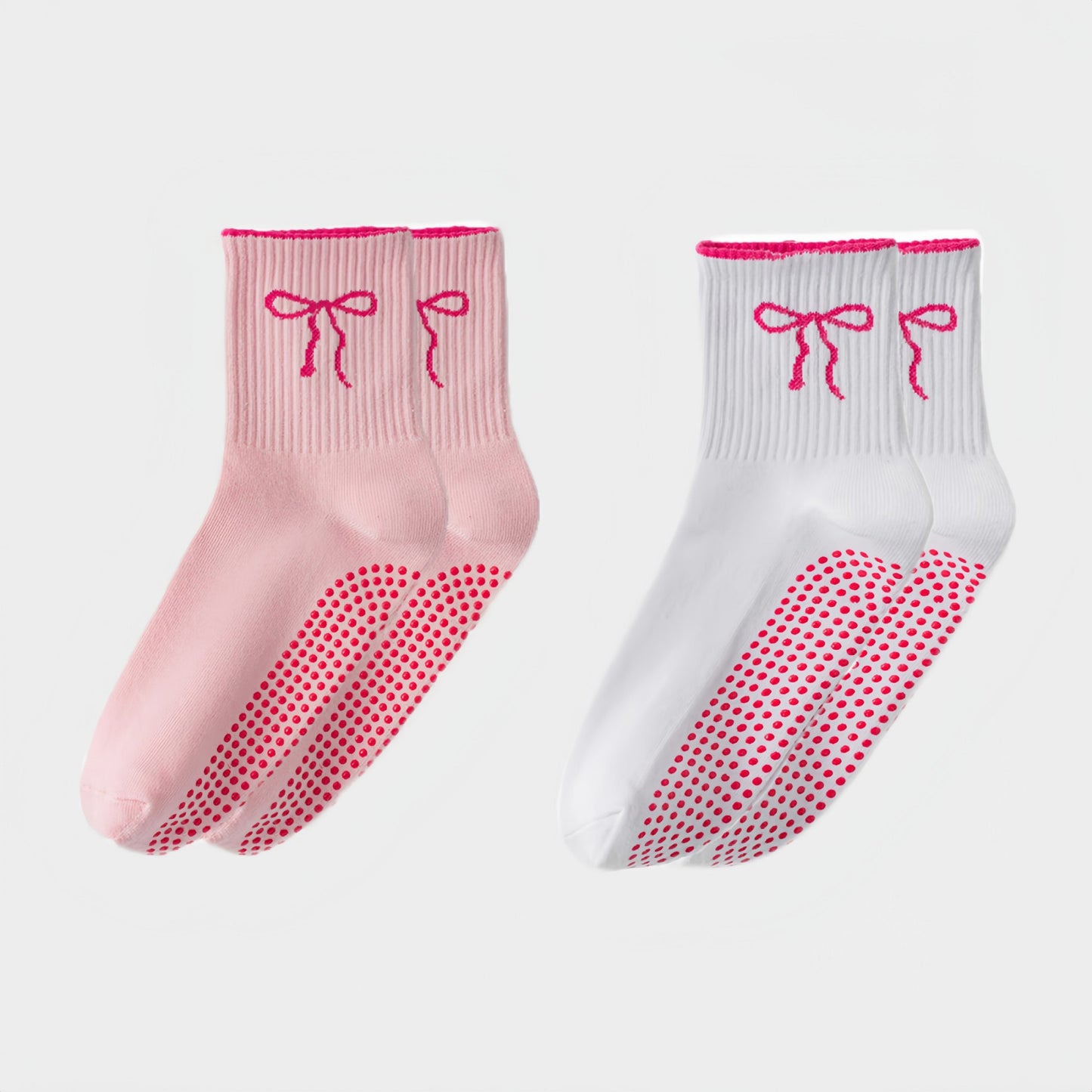 2-Pack Non-Slip Grip Socks with Bow Embroidery and Anti-Skid Dot Soles