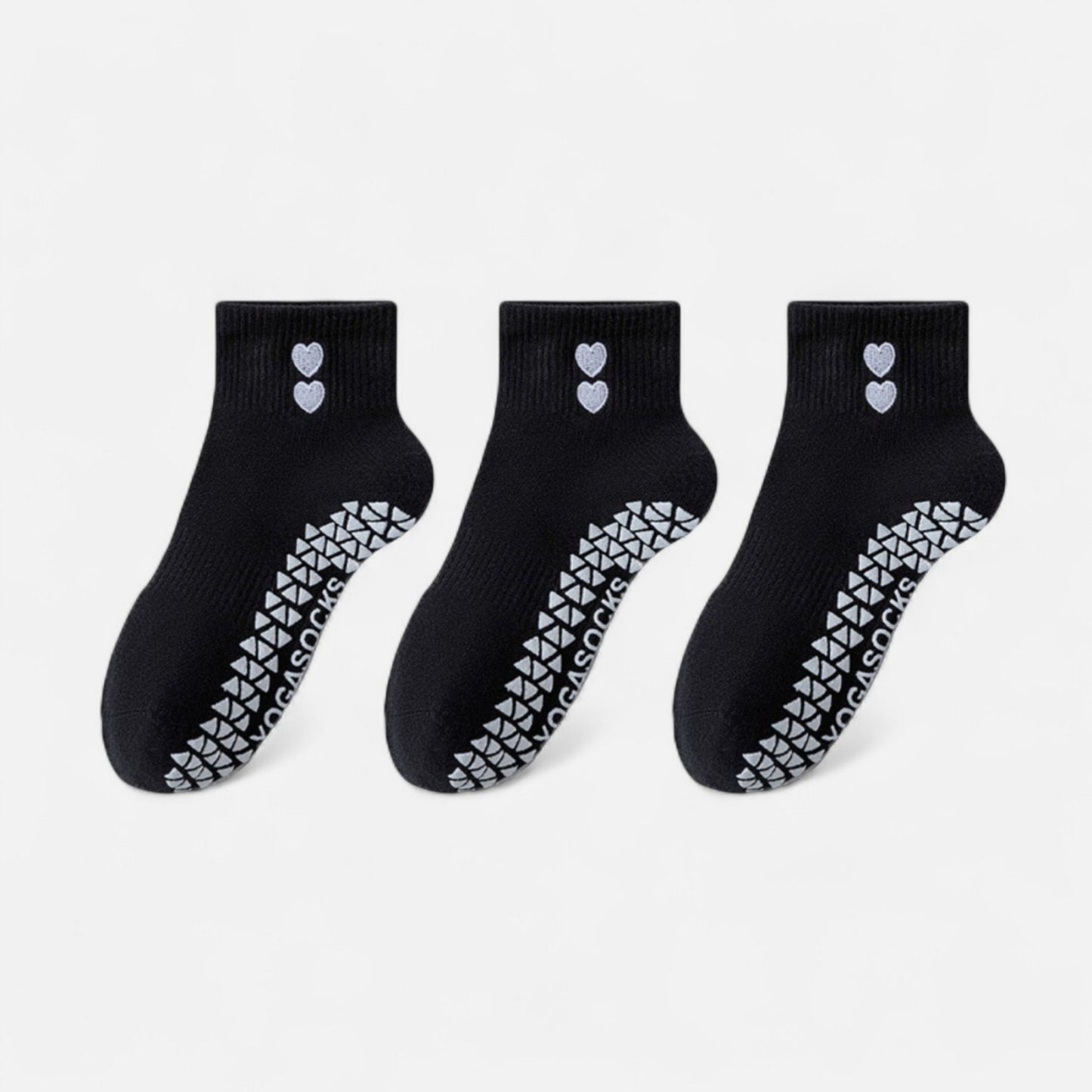Grip Ankle Socks 3-Pack with Heart Embroidery and Anti-Slip Soles for Yoga and Indoor Use
