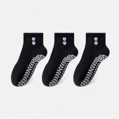 Grip Ankle Socks 3-Pack with Heart Embroidery and Anti-Slip Soles for Yoga and Indoor Use