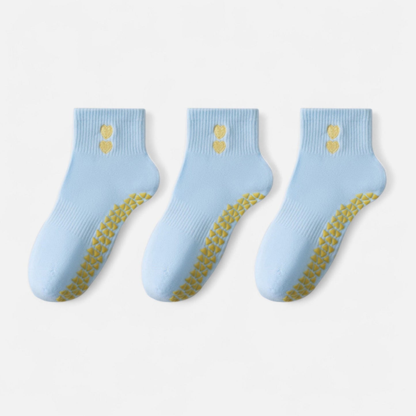 Grip Ankle Socks 3-Pack with Heart Embroidery and Anti-Slip Soles for Yoga and Indoor Use