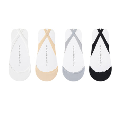 Women's 4 Pairs Women's Ballet-Inspired No Show Liner Socks Low Cut Invisible Design with Criss-Cross Elastic Straps and Non-Slip Silicone Heel