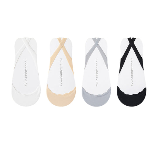 Women's 4 Pairs Women's Ballet-Inspired No Show Liner Socks Low Cut Invisible Design with Criss-Cross Elastic Straps and Non-Slip Silicone Heel