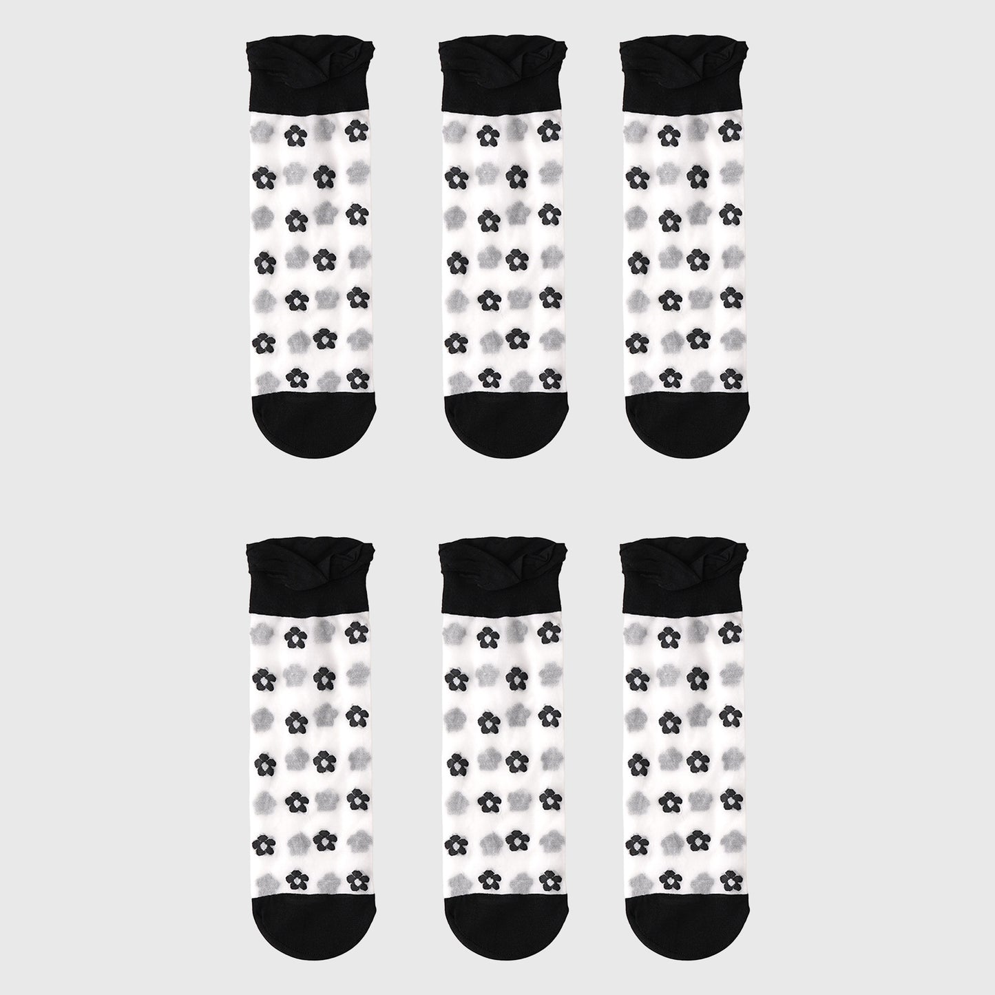Sheer Floral Patterned Ankle Socks with Ruffle Cuff 6pk