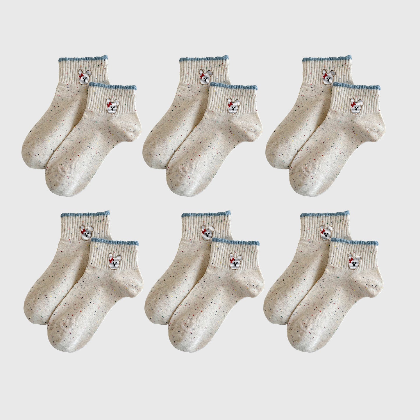 Cute Bear Embroidered Speckled Ankle Socks 6pk