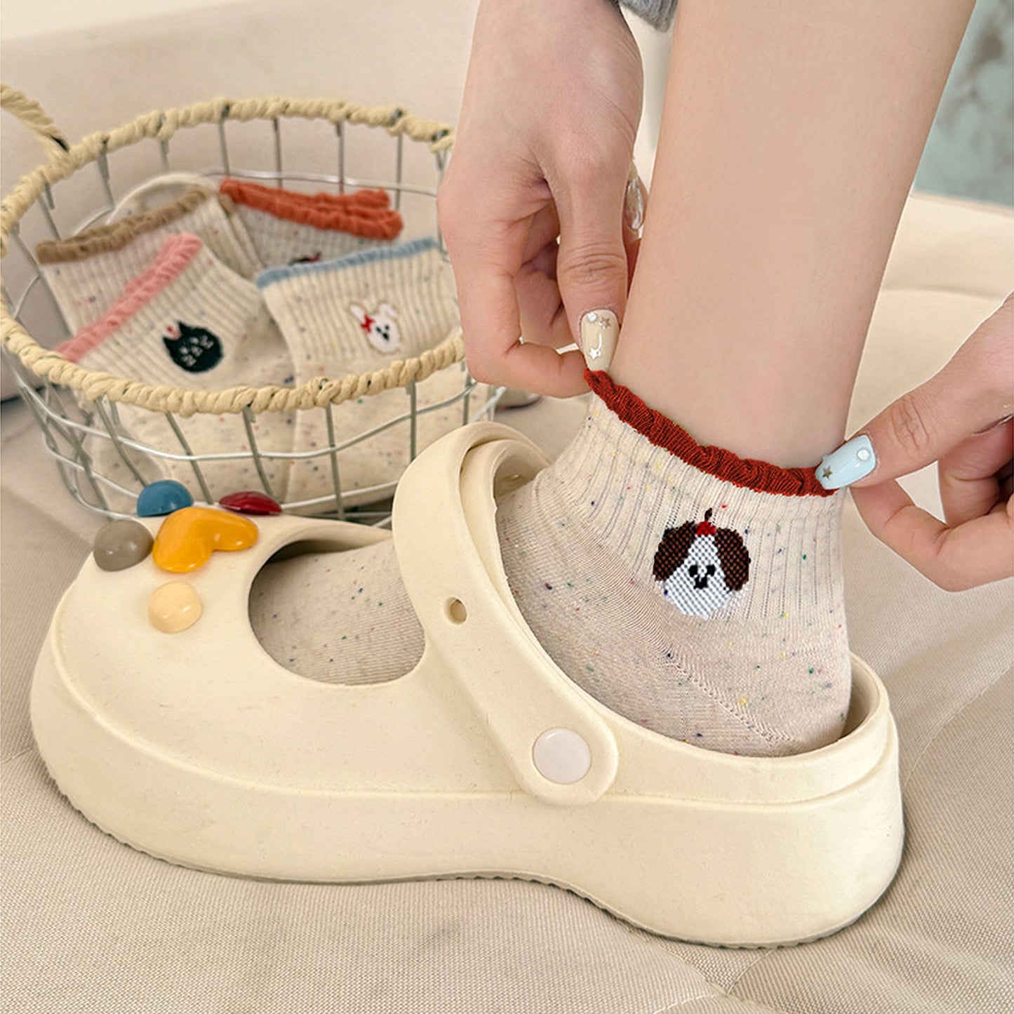 Cute Bear Embroidered Speckled Ankle Socks 6pk