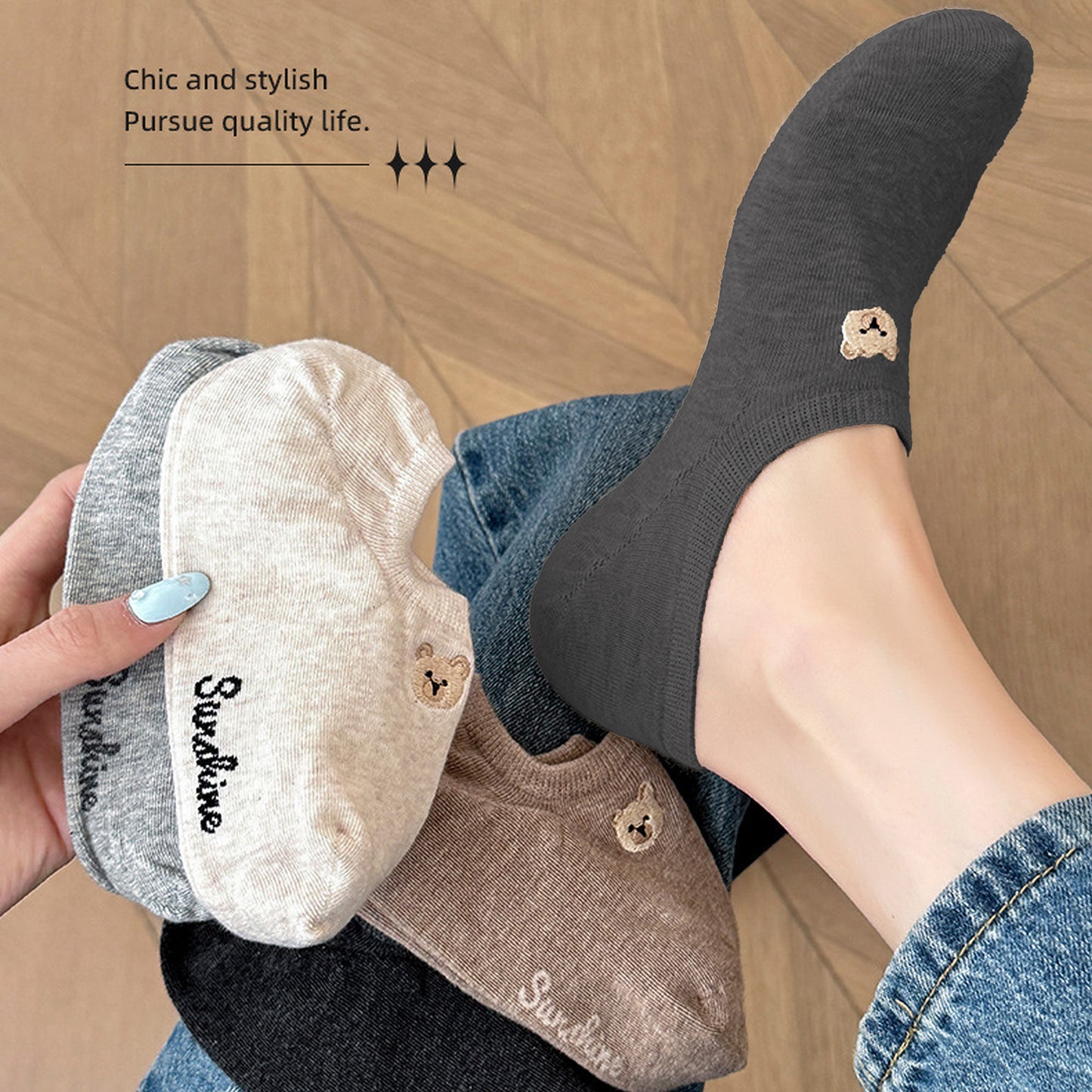 6pk Cute Bear Embroidered No-Show Socks