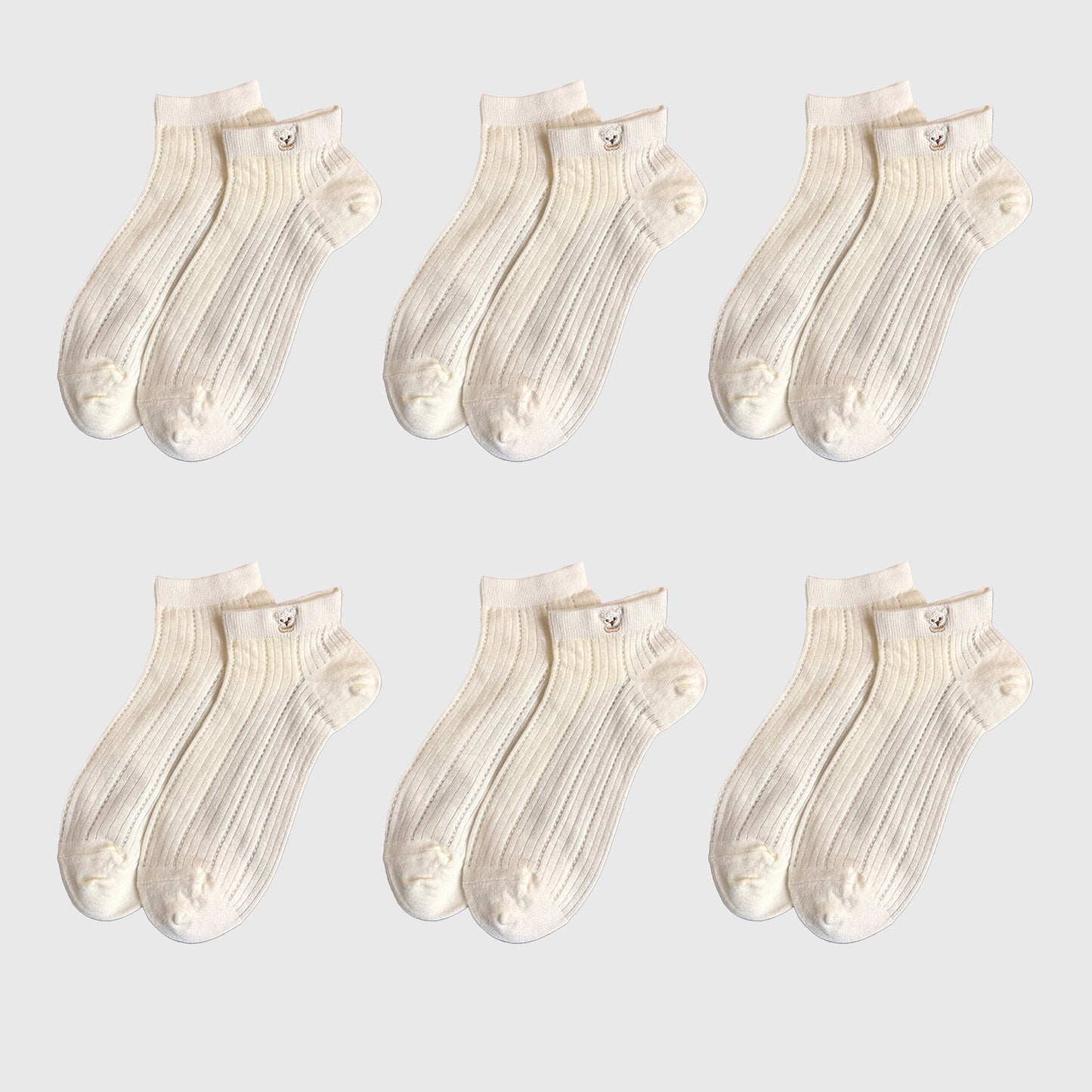 Cute Bear-Embroidered Striped Ankle Socks 6Pk