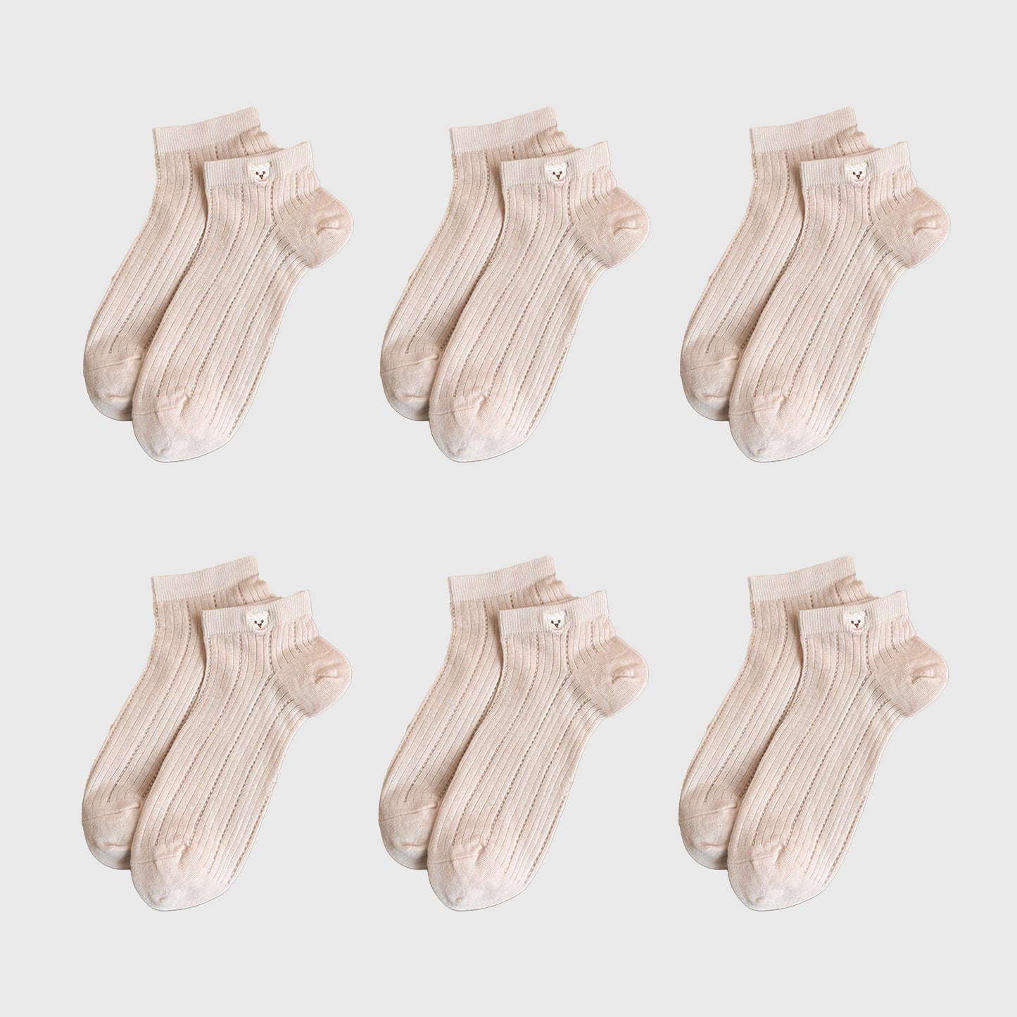 Cute Bear-Embroidered Striped Ankle Socks 6Pk
