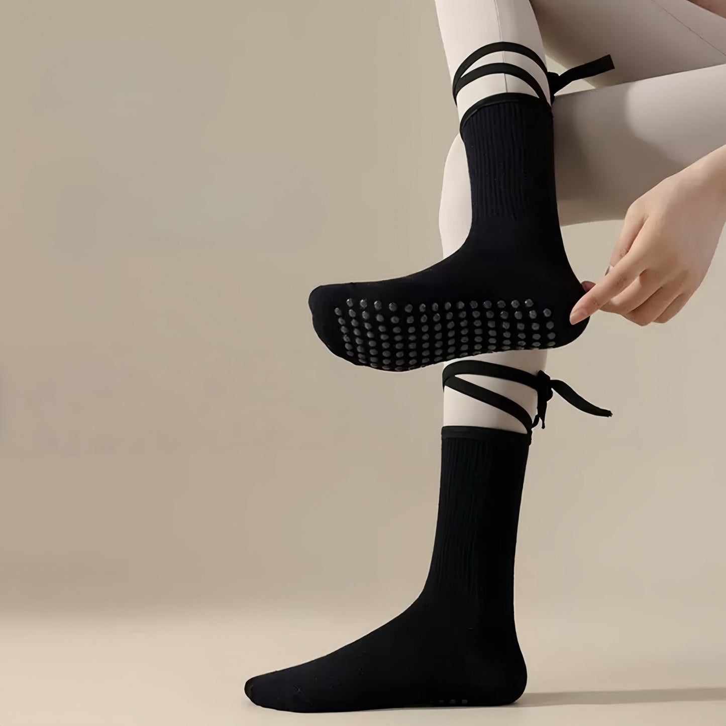 2-Pack Over-the-Calf Grip Socks with Ribbon Tie and Non-Slip Sole for Barre Pilates Yoga