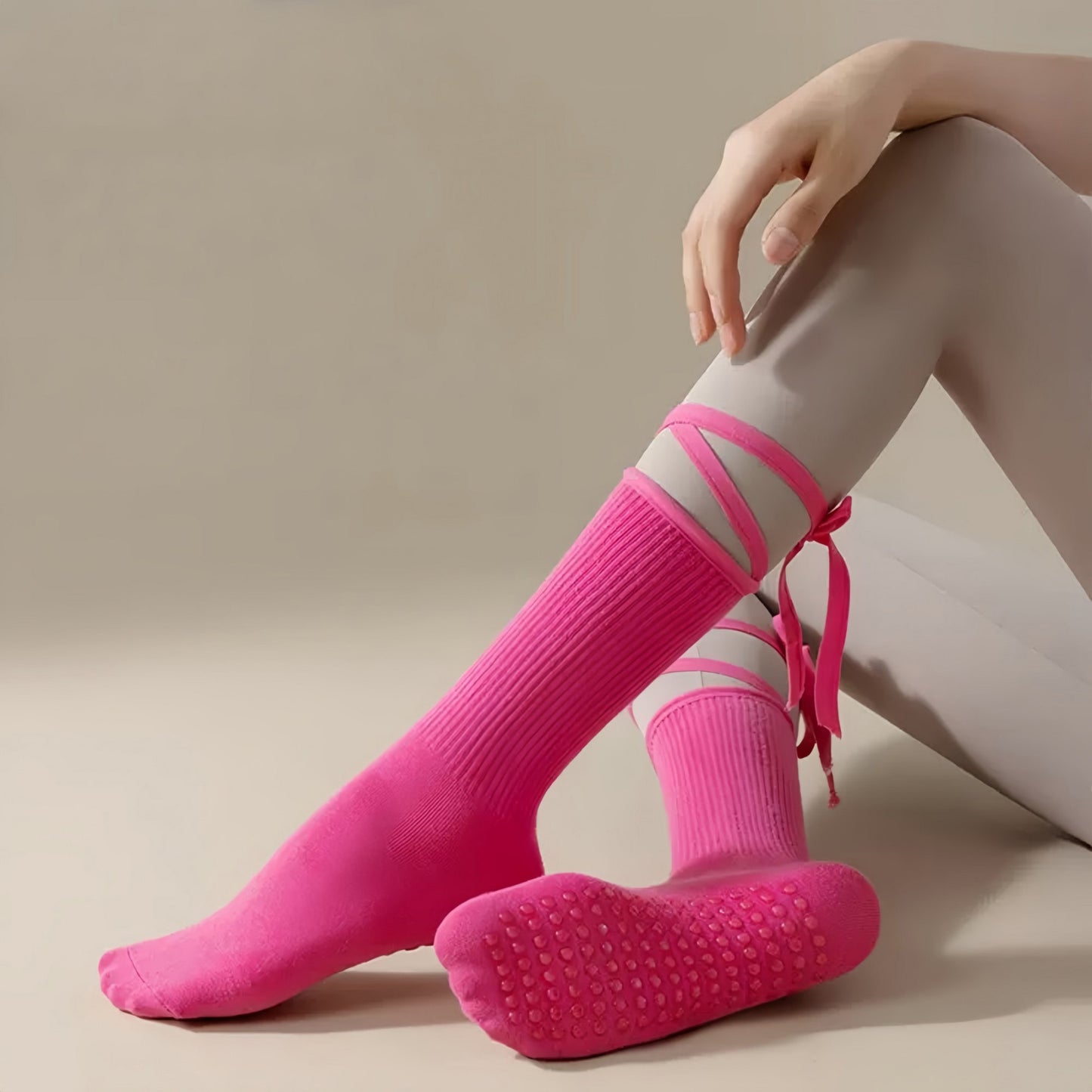 2-Pack Over-the-Calf Grip Socks with Ribbon Tie and Non-Slip Sole for Barre Pilates Yoga