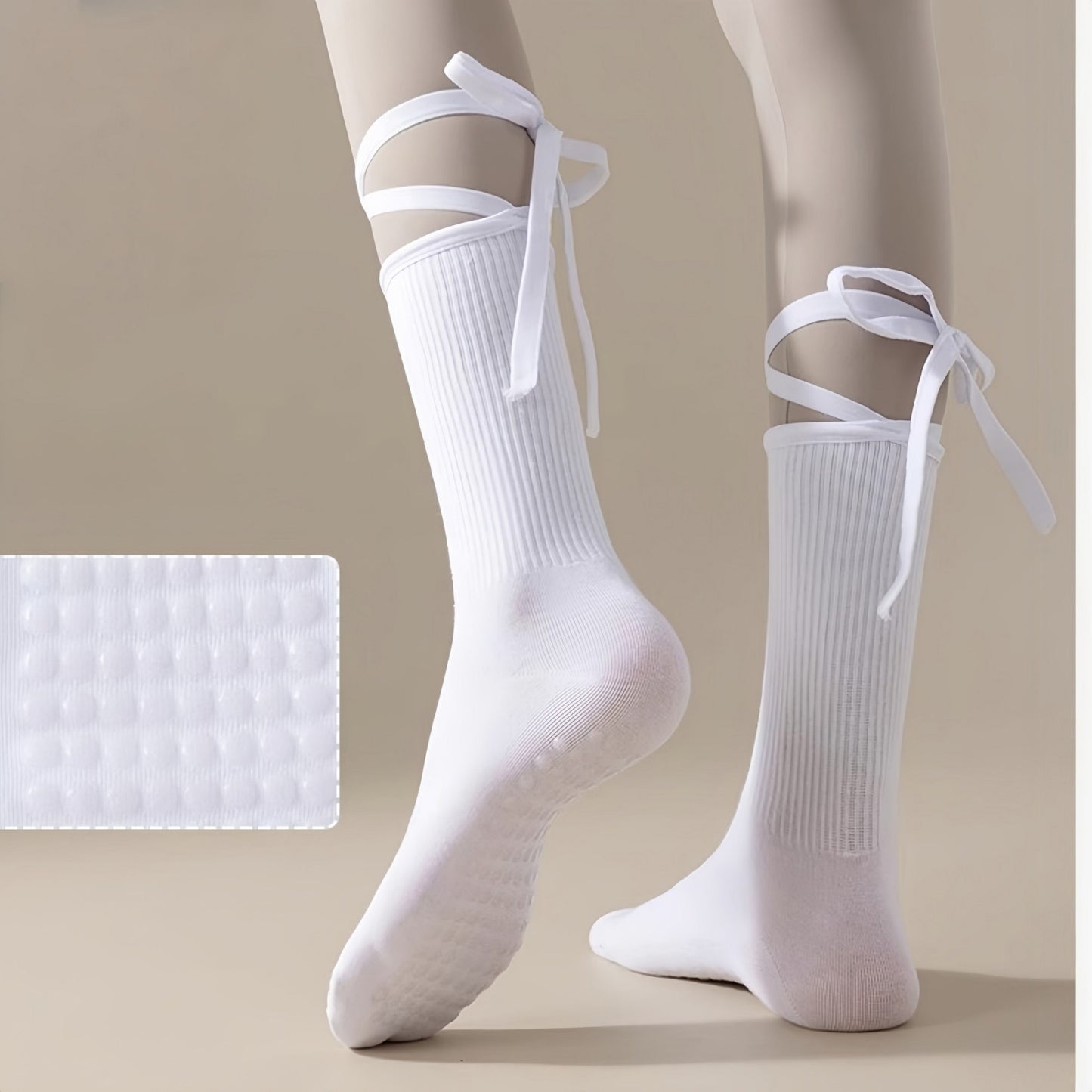 2-Pack Over-the-Calf Grip Socks with Ribbon Tie and Non-Slip Sole for Barre Pilates Yoga