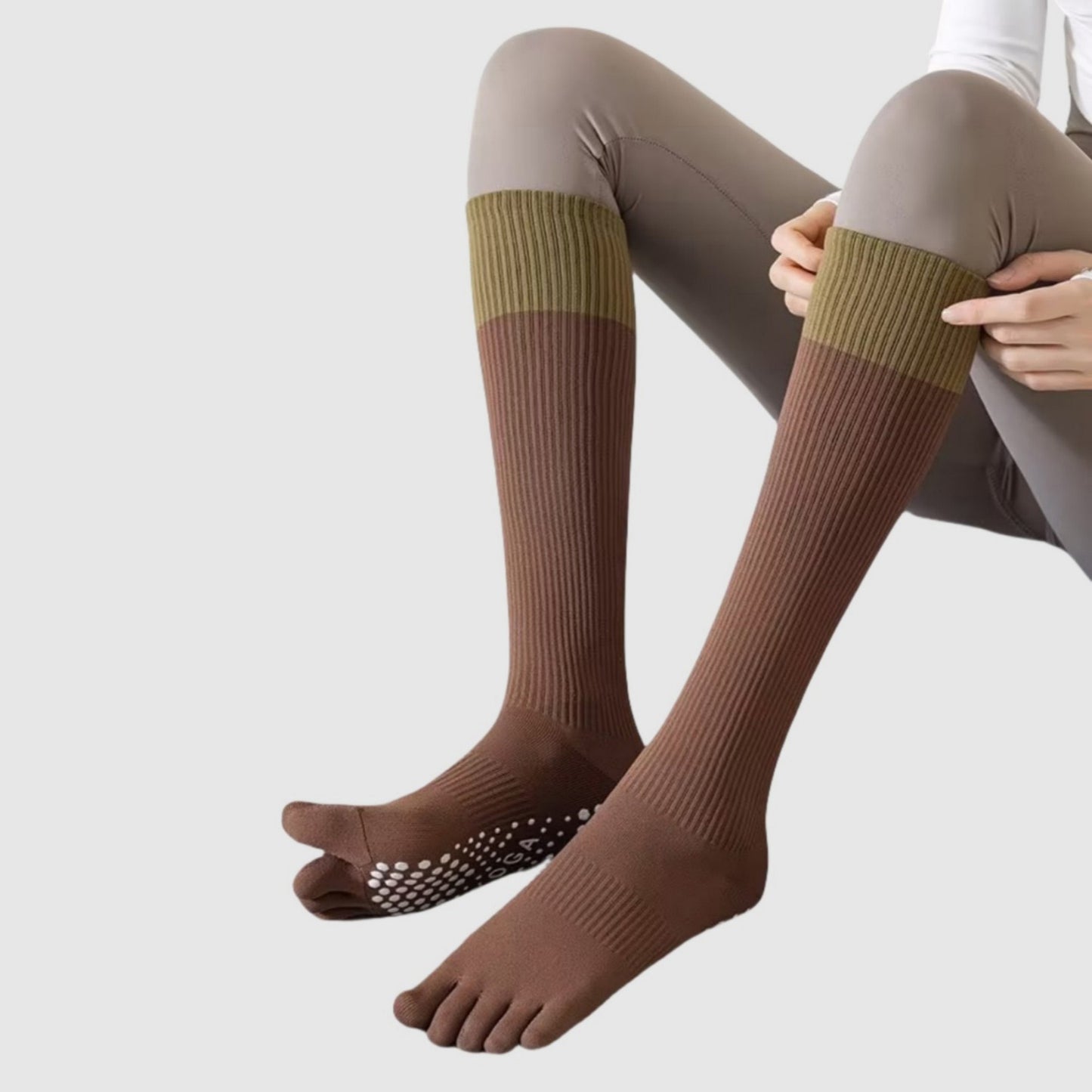 2-Pack Knee High Grip Toe Socks with Ribbed Fabric and Non-Slip Soles for Yoga and Studio Workouts