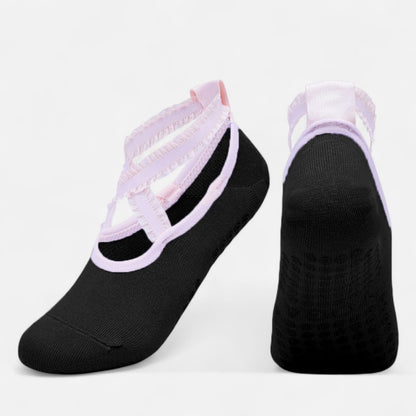 2-Pack Ballet Style Grip Socks with Crisscross Elastic Straps and Non-Slip Soles for Yoga or Pilates