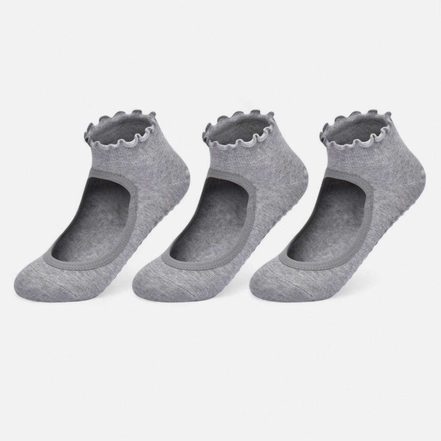 3-Pack Non-Slip Ballet Cut Ankle Socks with Ruffled Trim and Grip Soles for Yoga or Daily Wear